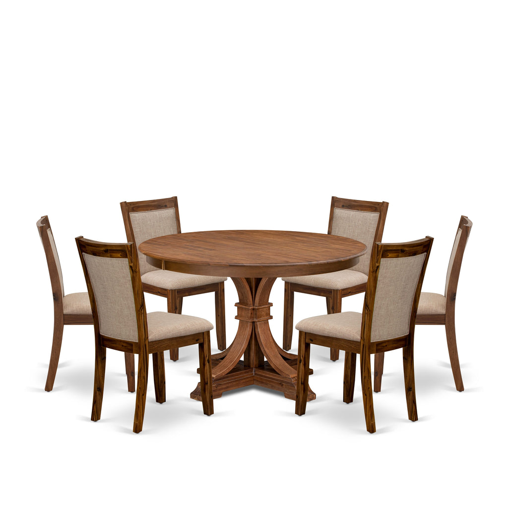 Luxe by East West Furniture F7MZ7-40N-04 7-Pc Kitchen Set consists of a Pedestal Round Table and 6 Light Tan Linen Fabric Dining Chairs with Padded Back- Antique Walnut Finish