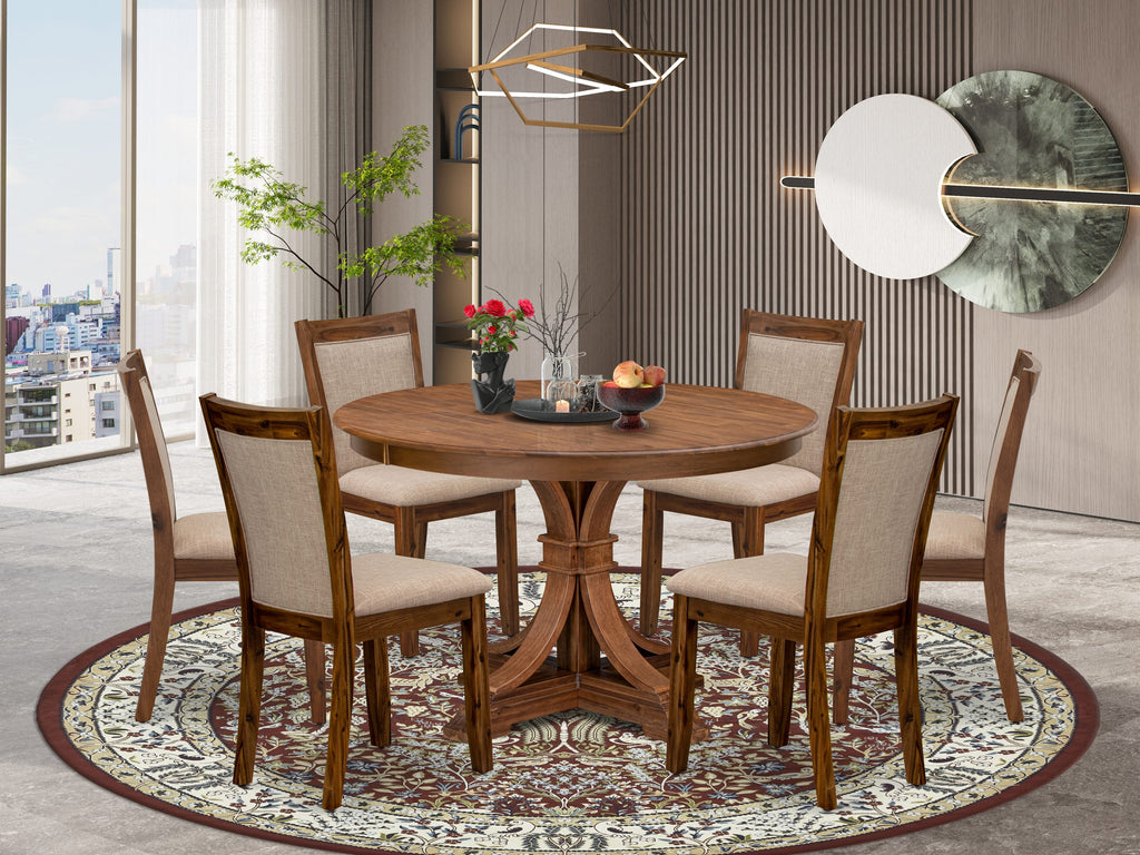 Luxe by East West Furniture F7MZ7-40N-04 7-Pc Kitchen Set consists of a Pedestal Round Table and 6 Light Tan Linen Fabric Dining Chairs with Padded Back- Antique Walnut Finish