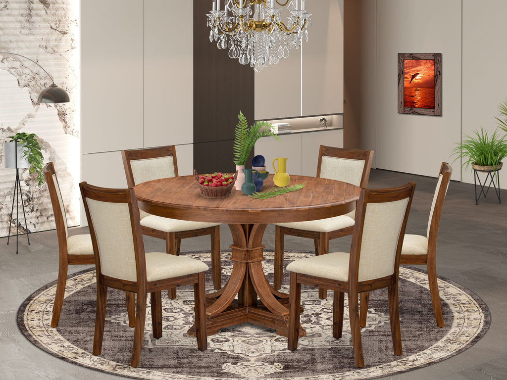 Luxe by East West Furniture F7MZ7-50N-02 7-Pc Dining Room Set consists of a Pedestal Dining Table and 6 Light Beige Linen Fabric Parson Chairs with Padded Back - Antique Walnut