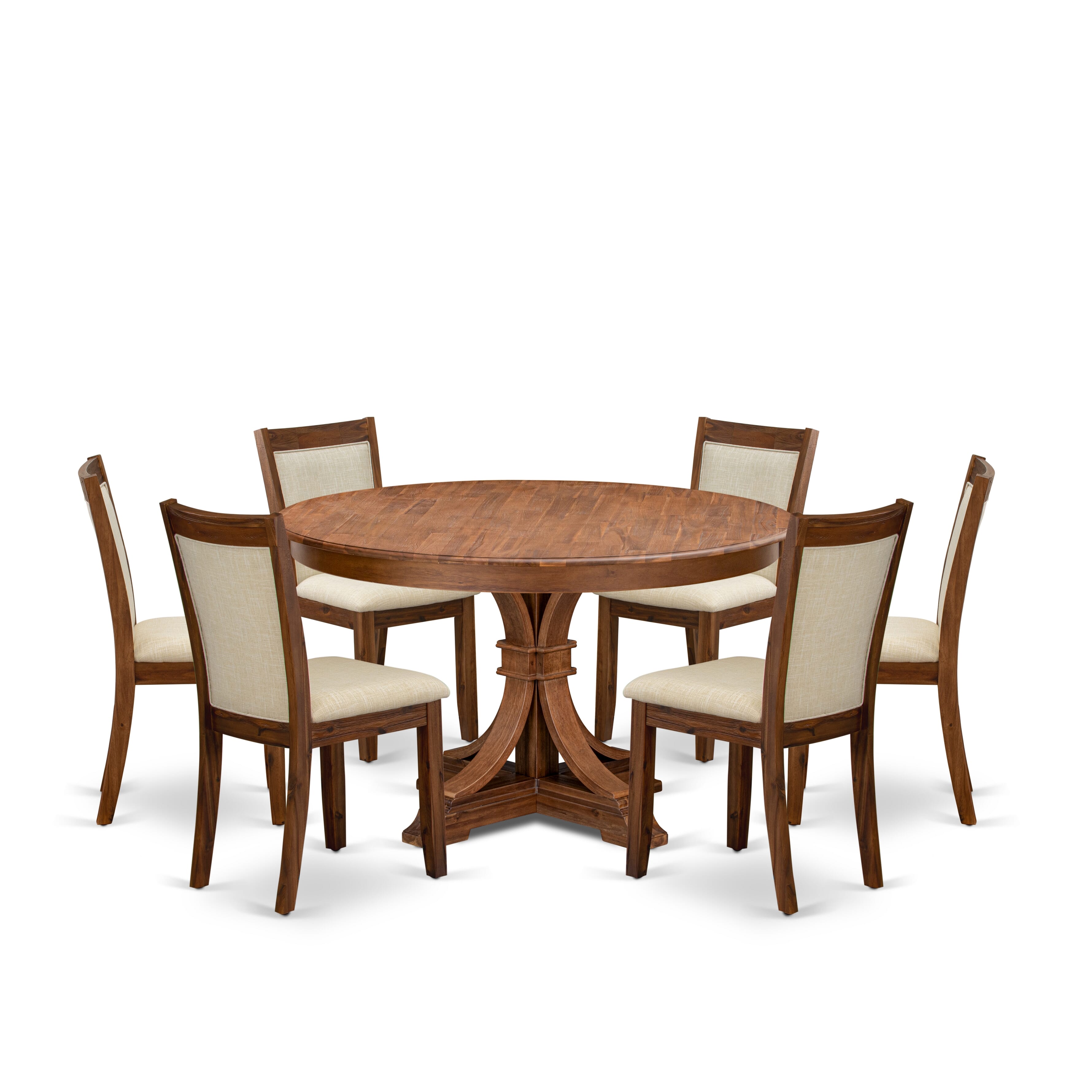 Luxe by East West Furniture F7MZ7-50N-02 7-Pc Dining Room Set consists of a Pedestal Dining Table and 6 Light Beige Linen Fabric Parson Chairs with Padded Back - Antique Walnut