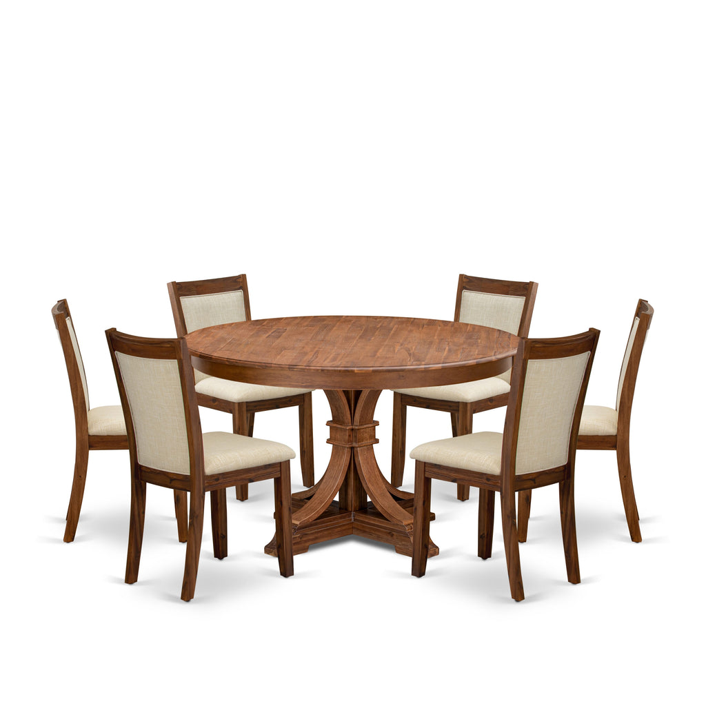 Luxe by East West Furniture F7MZ7-50N-02 7-Pc Dining Room Set consists of a Pedestal Dining Table and 6 Light Beige Linen Fabric Parson Chairs with Padded Back - Antique Walnut
