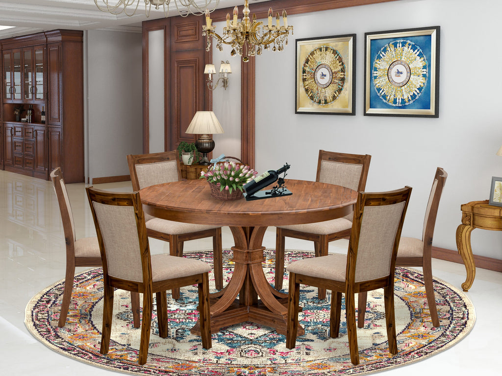 Luxe by East West Furniture F7MZ7-50N-04 7-Pc Kitchen Table Set consists of a Pedestal Kitchen Table and 6 Light Tan Linen Fabric Chairs with Padded Back- Antique Walnut