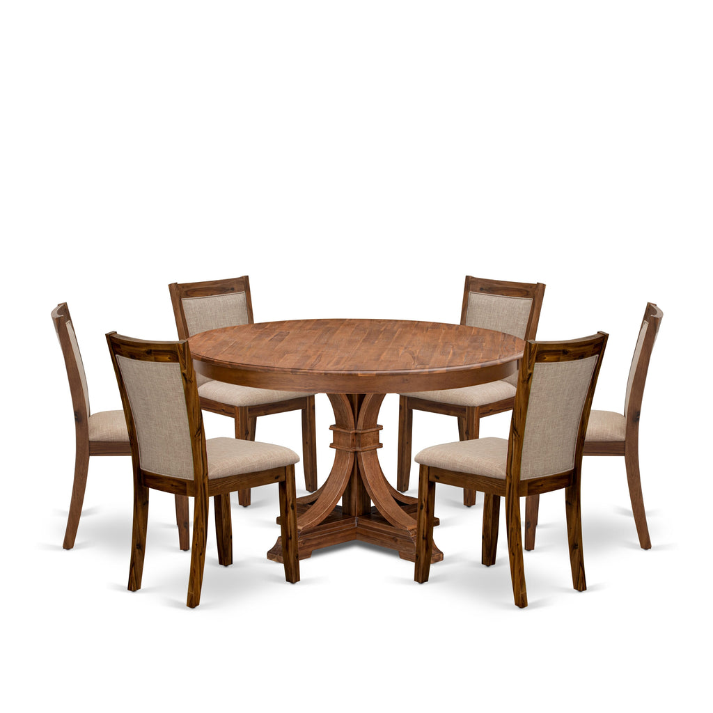 Luxe by East West Furniture F7MZ7-50N-04 7-Pc Kitchen Table Set consists of a Pedestal Kitchen Table and 6 Light Tan Linen Fabric Chairs with Padded Back- Antique Walnut