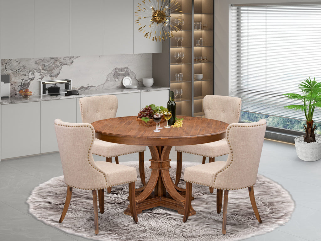 Luxe by East West Furniture F7SI5-50N-04 5-Pc Kitchen Table Set Includes a Pedestal Dinner Table and 4 Light Tan Linen Fabric Dining Chairs with Button Tufted- Antique Walnut