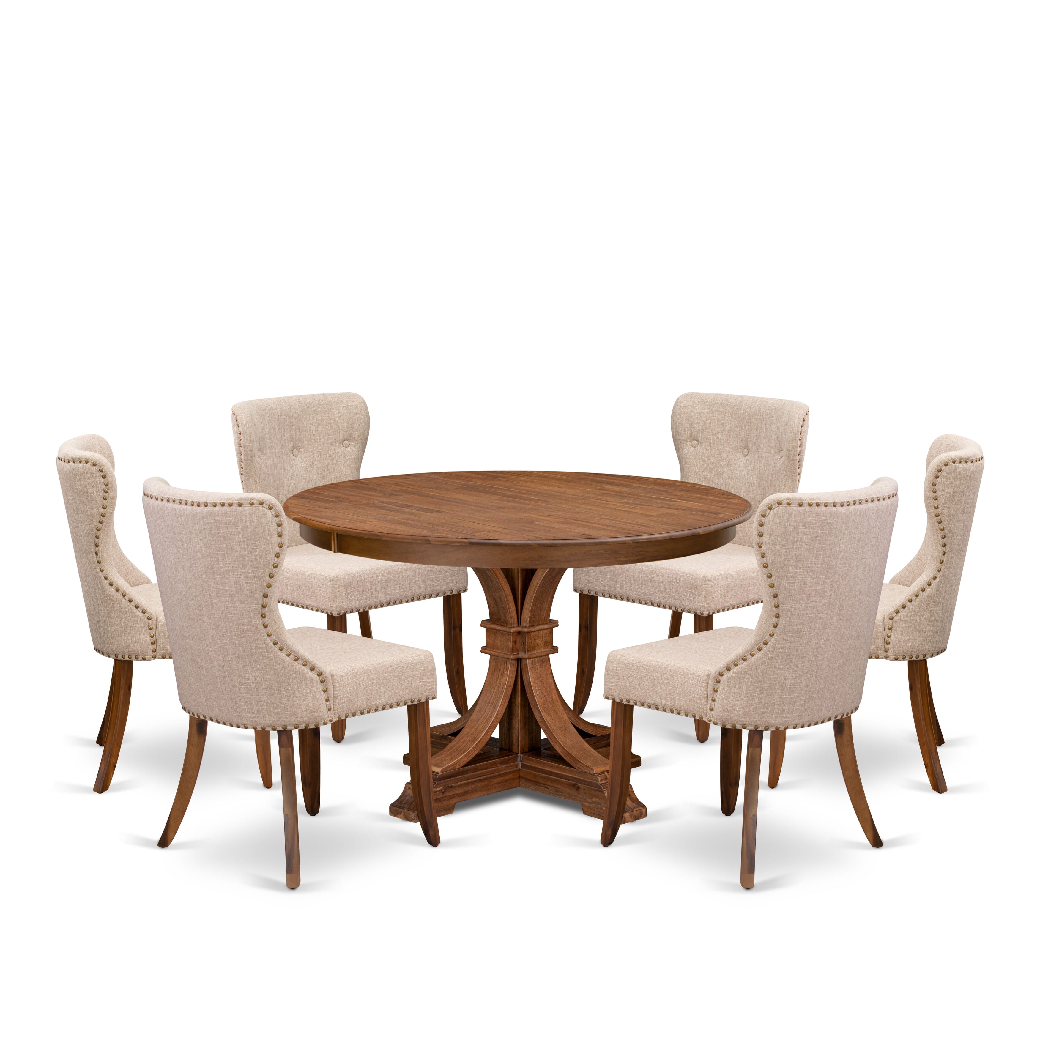 Luxe by East West Furniture F7SI7-40N-04 7-Pc Kitchen Table Set consists of a Pedestal Dining Table and 6 Light Tan Linen Fabric Chairs with Button Tufted- Antique Walnut