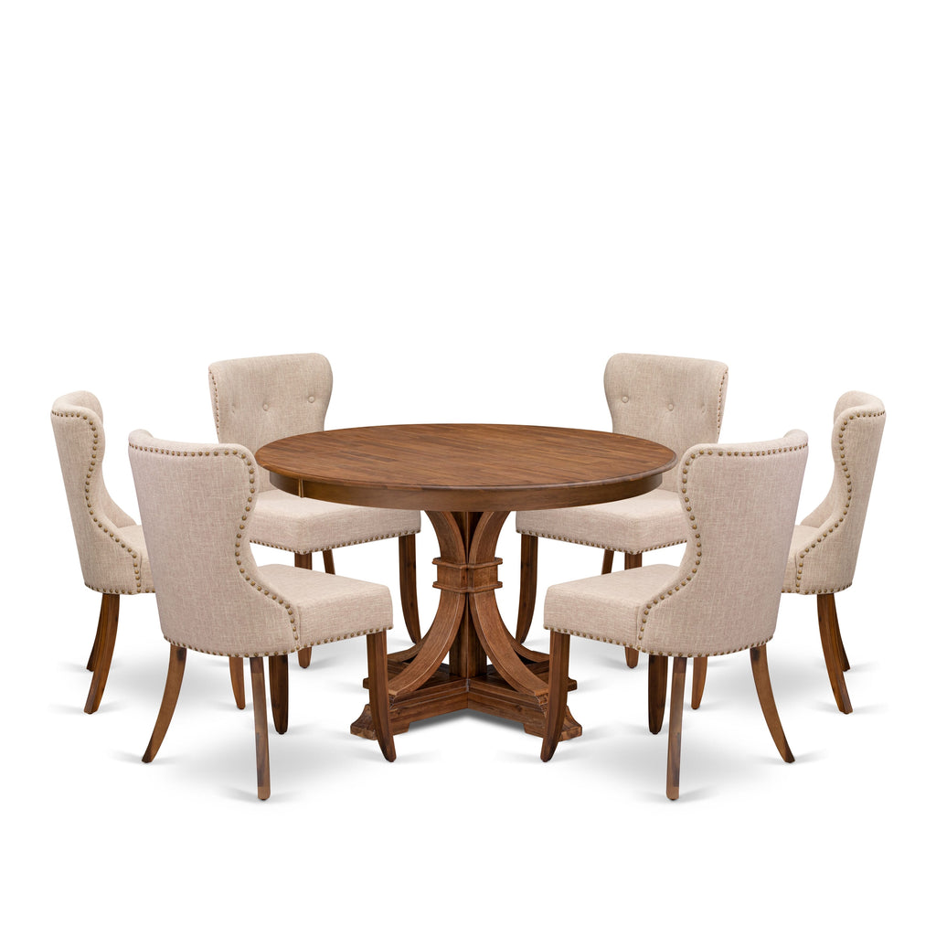 Luxe by East West Furniture F7SI7-40N-04 7-Pc Kitchen Table Set consists of a Pedestal Dining Table and 6 Light Tan Linen Fabric Chairs with Button Tufted- Antique Walnut