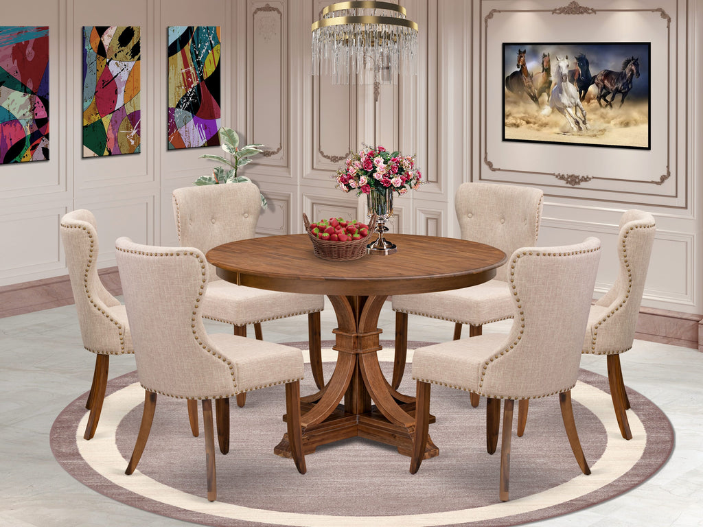 Luxe by East West Furniture F7SI7-40N-04 7-Pc Kitchen Table Set consists of a Pedestal Dining Table and 6 Light Tan Linen Fabric Chairs with Button Tufted- Antique Walnut