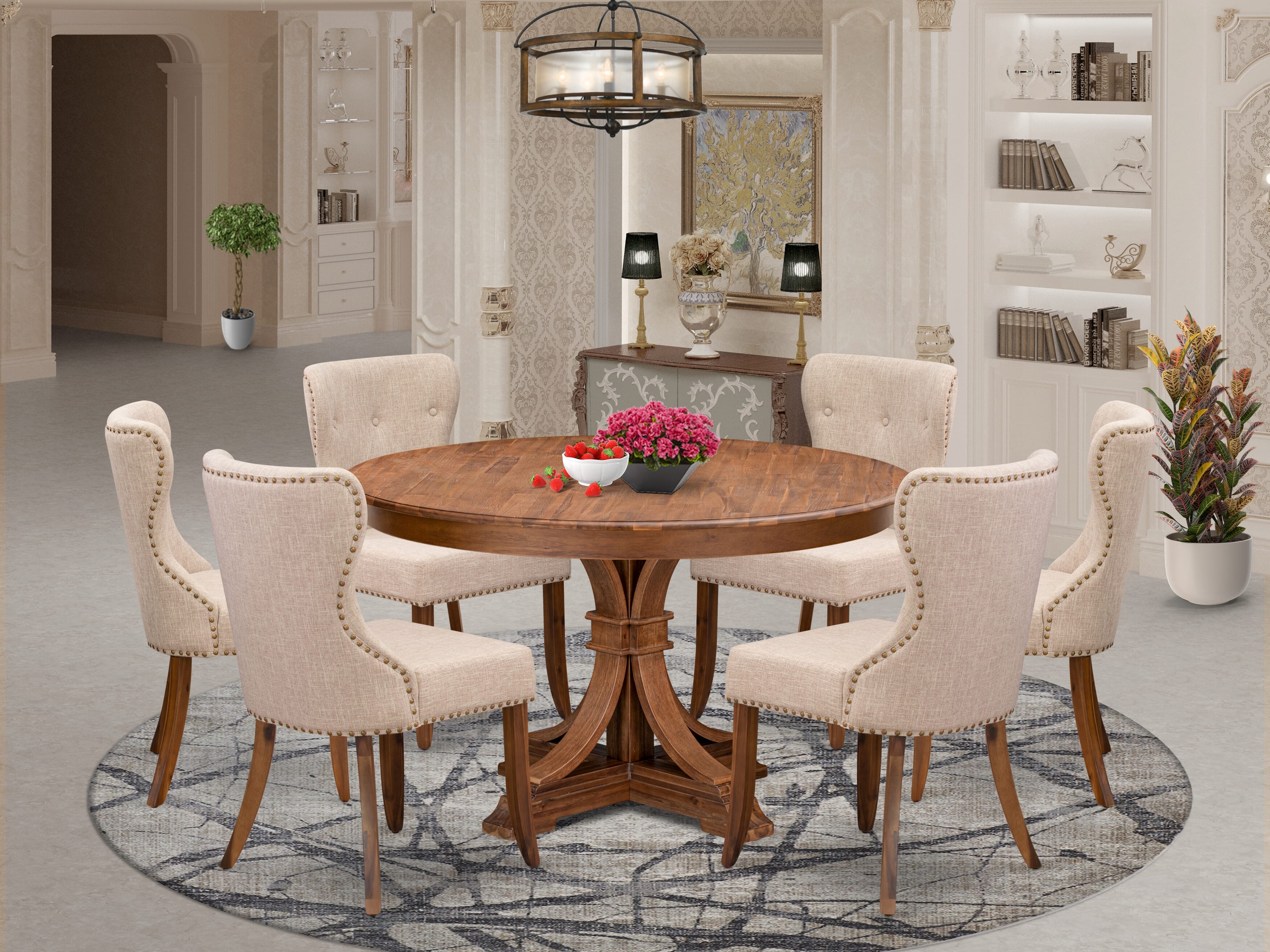 Luxe by East West Furniture F7SI7-50N-04 7-Pc Dining Set consists of a Pedestal Kitchen Table and 6 Light Tan Linen Fabric Parson Chairs with Button Tufted- Antique Walnut