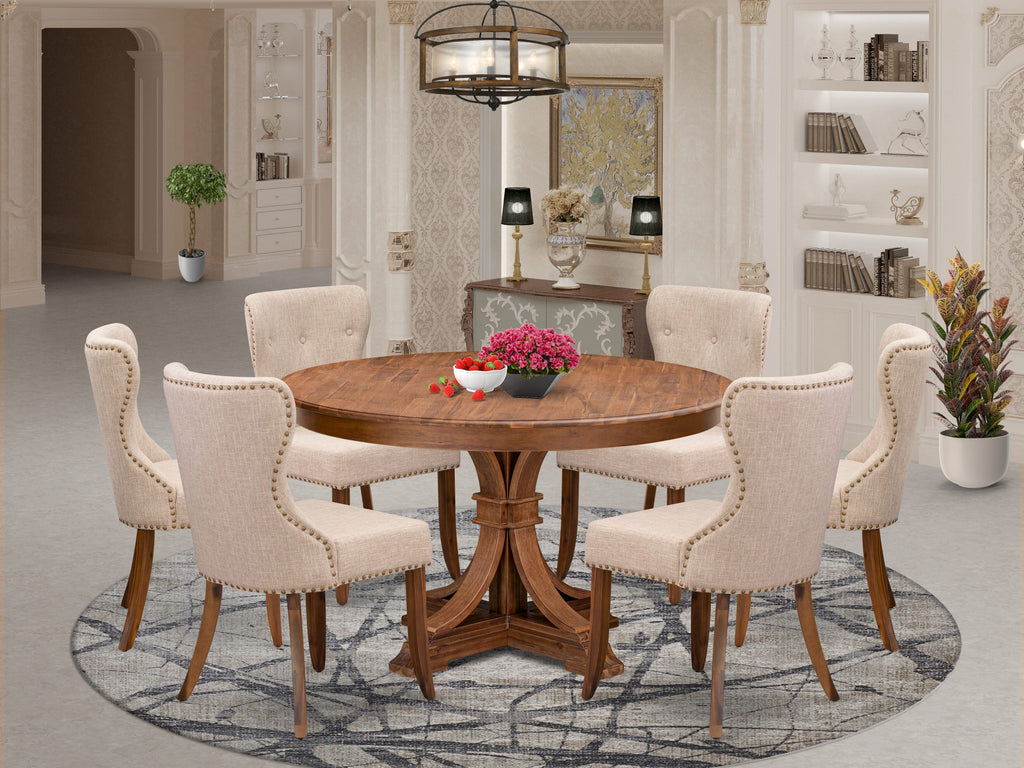 Luxe by East West Furniture F7SI7-50N-04 7-Pc Dining Set consists of a Pedestal Kitchen Table and 6 Light Tan Linen Fabric Parson Chairs with Button Tufted- Antique Walnut