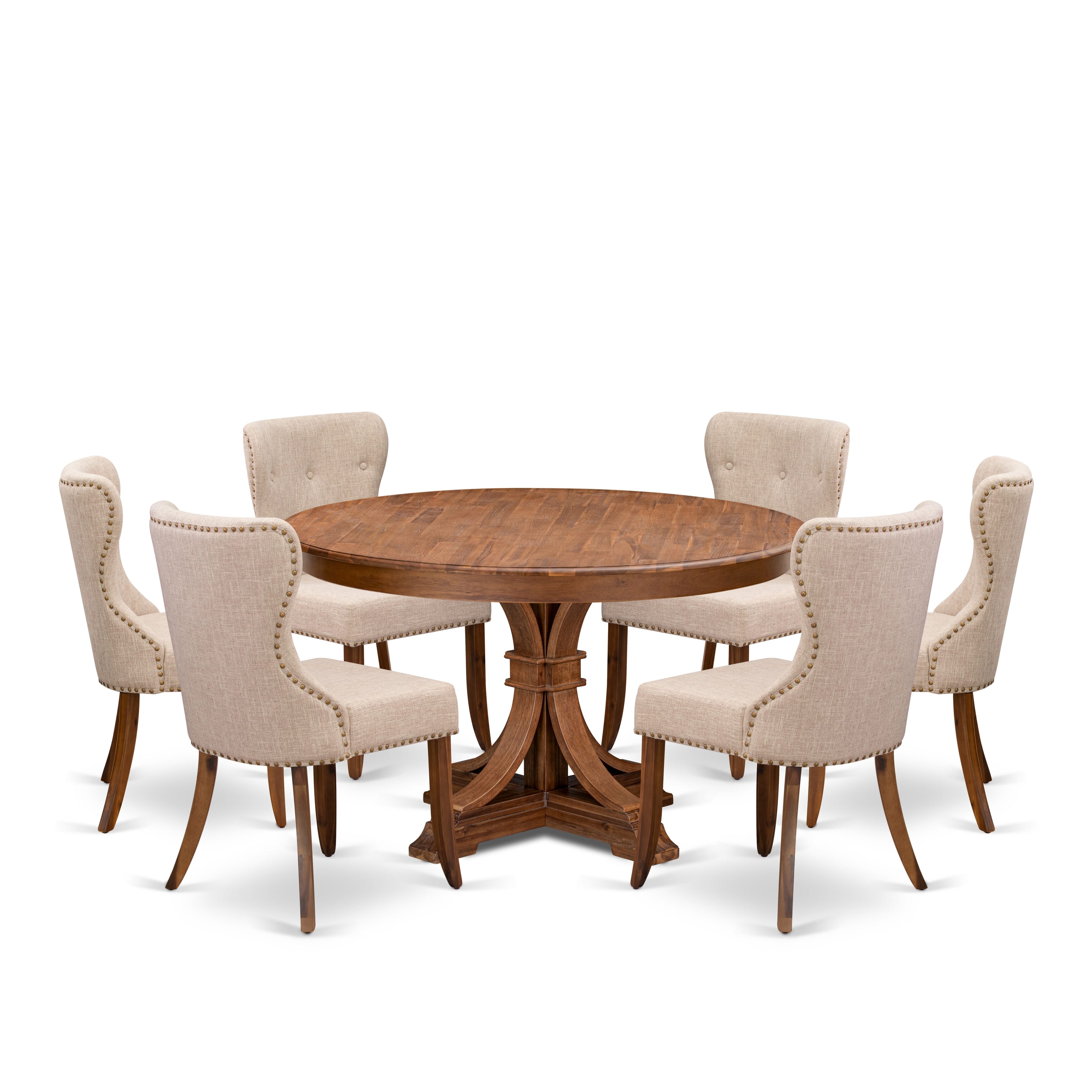 Luxe by East West Furniture F7SI7-50N-04 7-Pc Dining Set consists of a Pedestal Kitchen Table and 6 Light Tan Linen Fabric Parson Chairs with Button Tufted- Antique Walnut