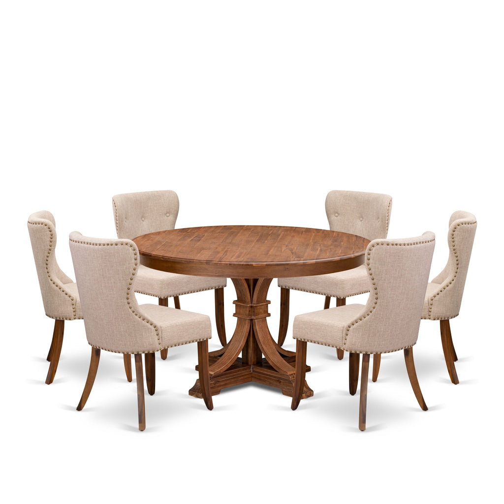 Luxe by East West Furniture F7SI7-50N-04 7-Pc Dining Set consists of a Pedestal Kitchen Table and 6 Light Tan Linen Fabric Parson Chairs with Button Tufted- Antique Walnut