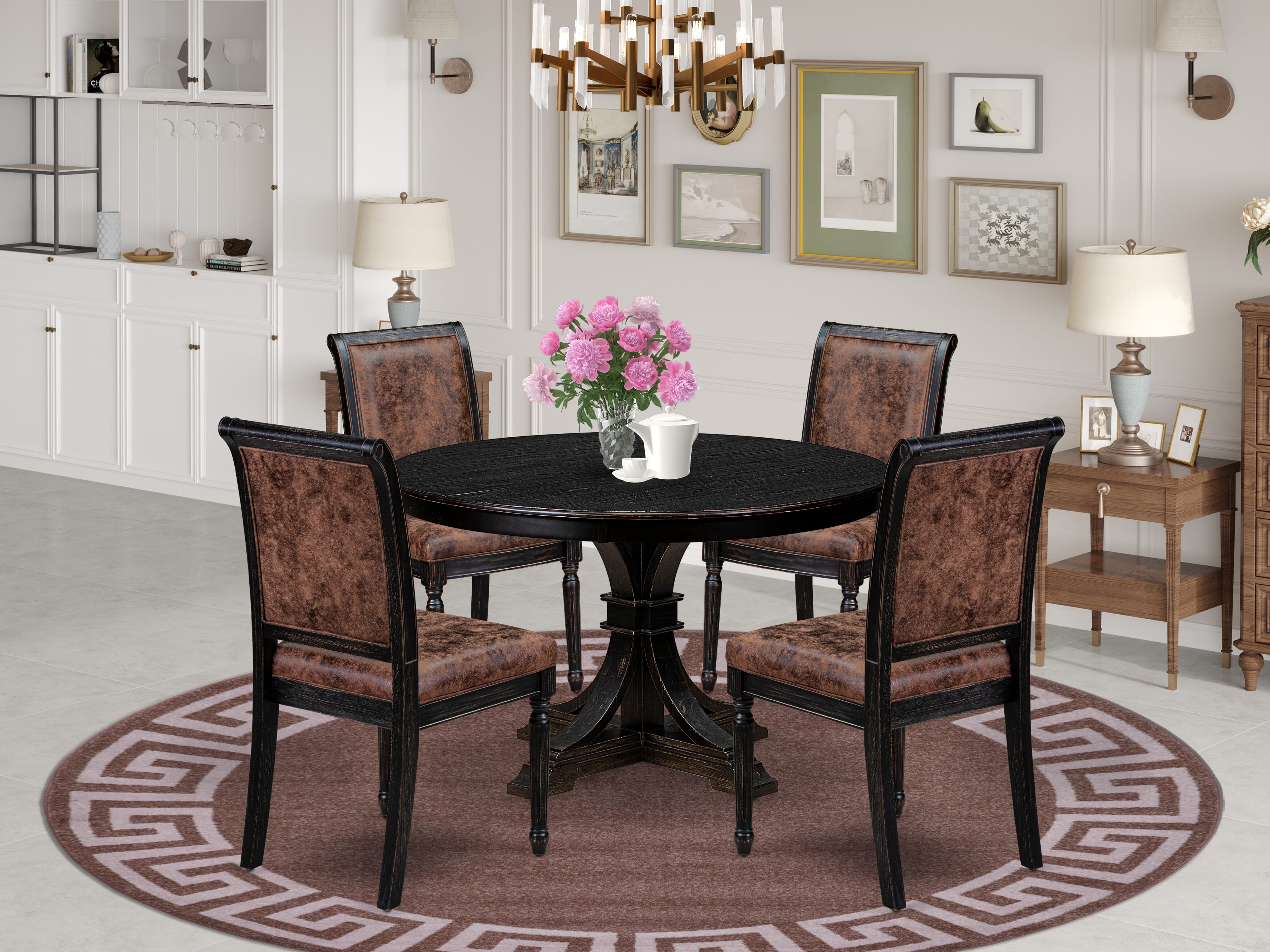 Luxe by East West Furniture - F7TY5-411-33 - 5-piece Dining Table Set consists of a Dining Table and 4 Brown Polyester Fabric Dining Chairs with High Back - Sand Blasting Black Finish