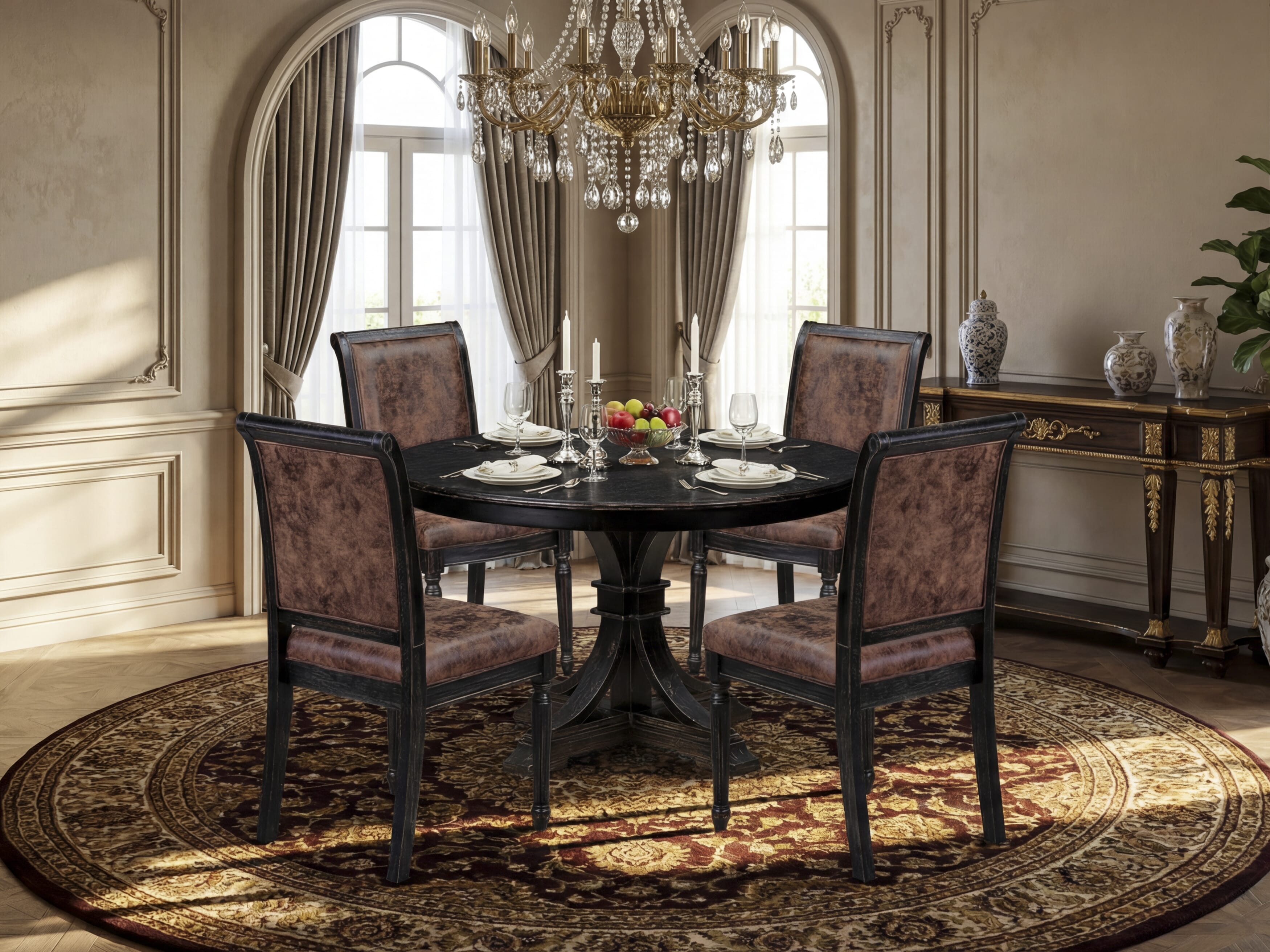 Luxe by East West Furniture - F7TY5-411-33 - 5-piece Dining Table Set consists of a Dining Table and 4 Brown Polyester Fabric Dining Chairs with High Back - Sand Blasting Black Finish