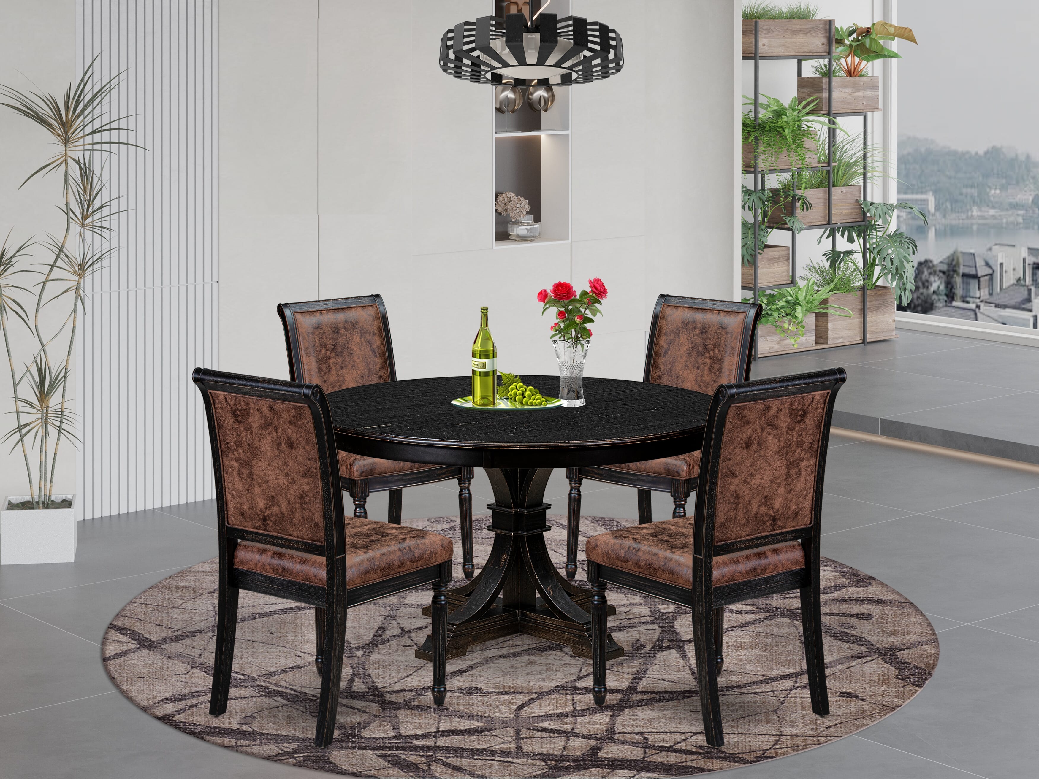 Luxe by East West Furniture - F7TY5-511-33 - 5-piece Kitchen Table Set consists of a Dining Table and 4 Brown Polyester Fabric Dining Room Chairs with High Back - Sand Blasting Black Finish