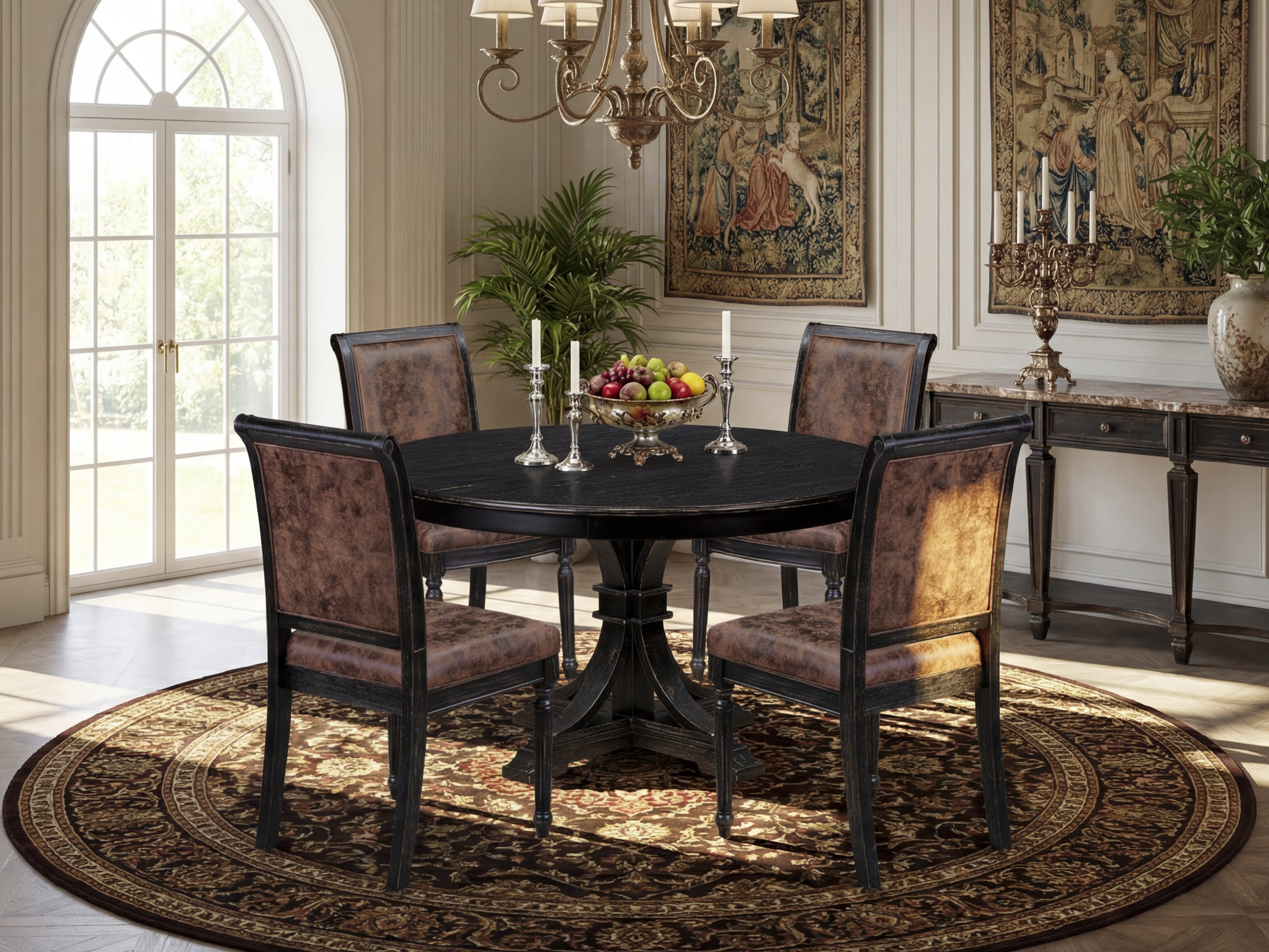 Luxe by East West Furniture - F7TY5-511-33 - 5-piece Kitchen Table Set consists of a Dining Table and 4 Brown Polyester Fabric Dining Room Chairs with High Back - Sand Blasting Black Finish