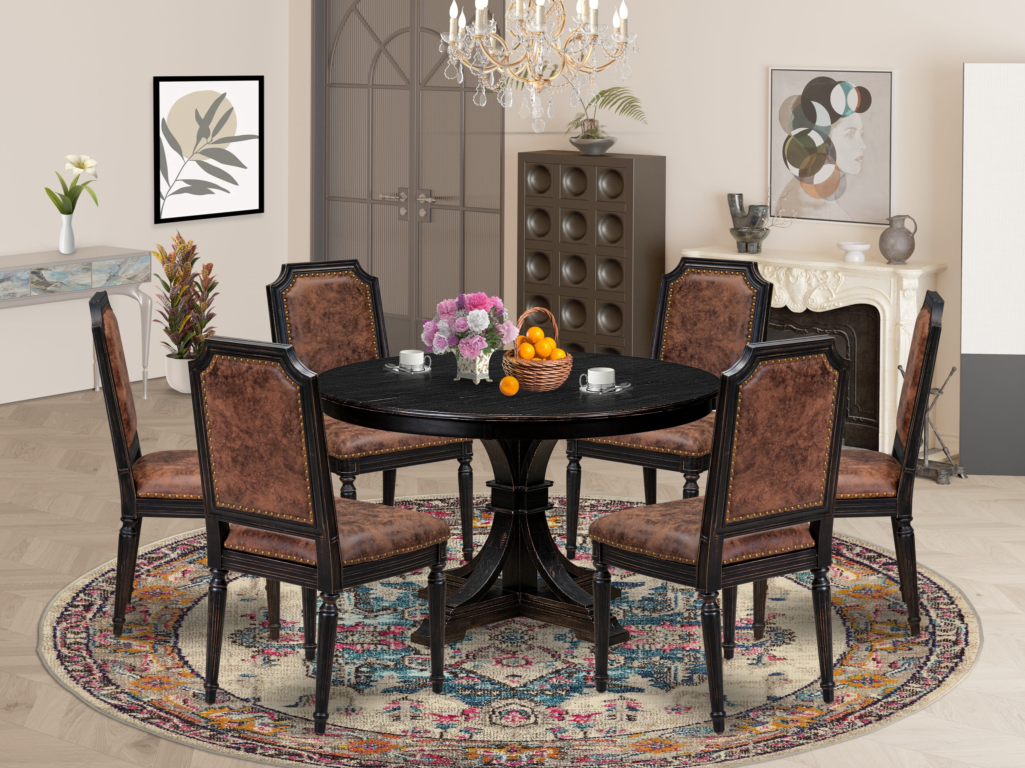 Luxe by East West Furniture - F7TY7-411-33 7-Piece Dining Room Table Set Includes a Round Kitchen Table and 6 Brown Textured Polyester Chairs with High Back, Sand Blasting Black Finish.