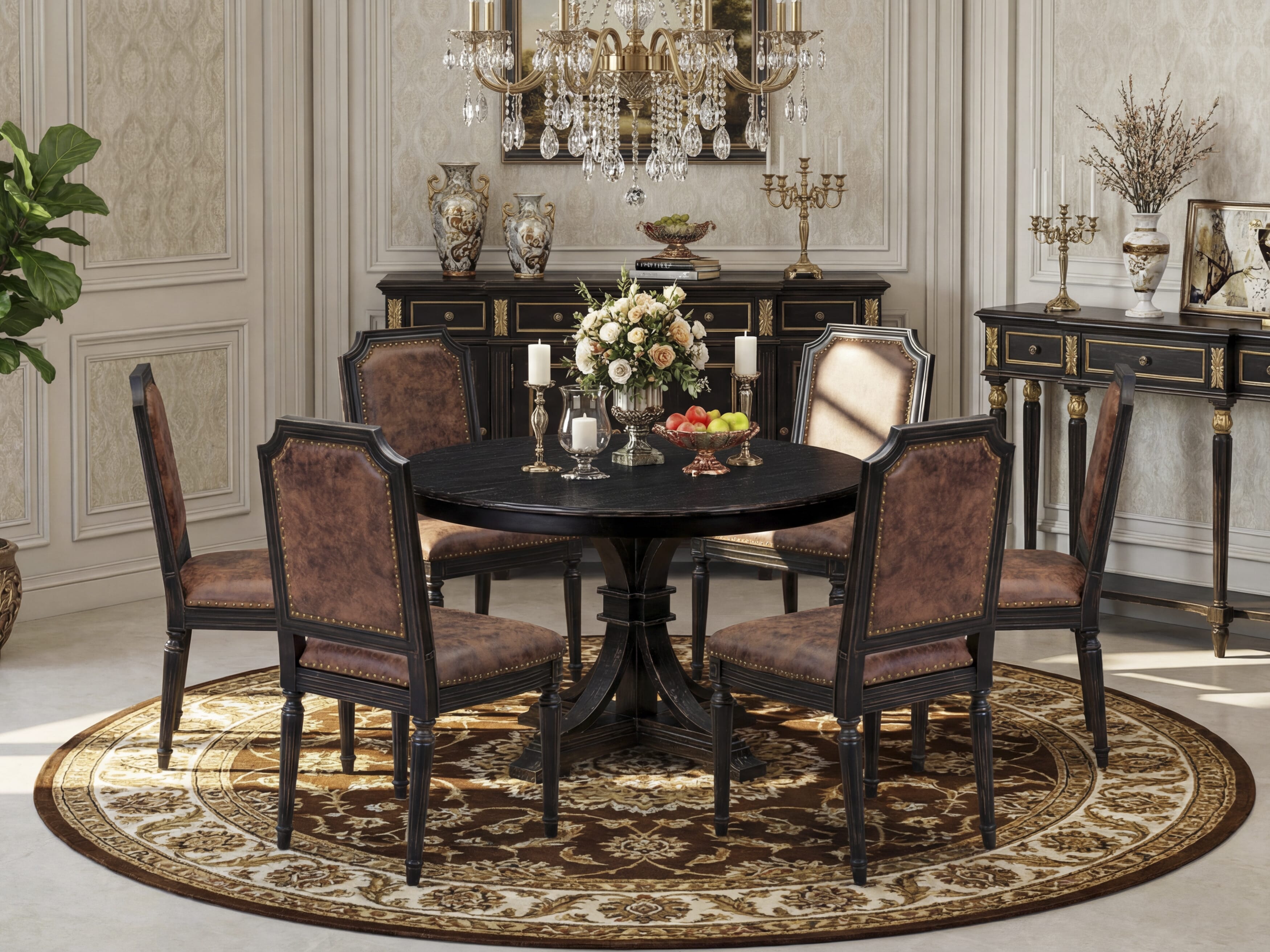 Luxe by East West Furniture - F7TY7-411-33 7-Piece Dining Room Table Set Includes a Round Kitchen Table and 6 Brown Textured Polyester Chairs with High Back, Sand Blasting Black Finish.