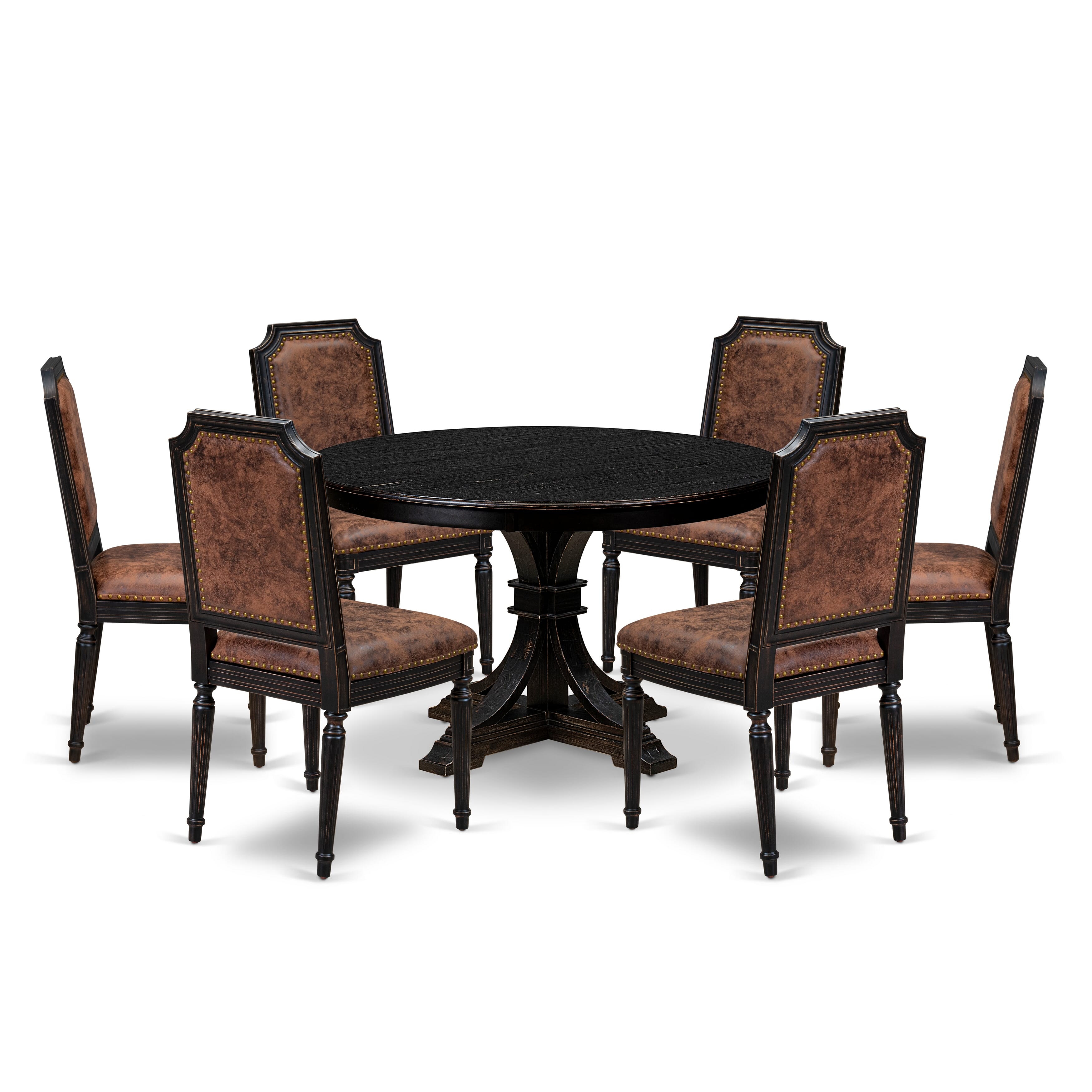 Luxe by East West Furniture - F7TY7-411-33 7-Piece Dining Room Table Set Includes a Round Kitchen Table and 6 Brown Textured Polyester Chairs with High Back, Sand Blasting Black Finish.
