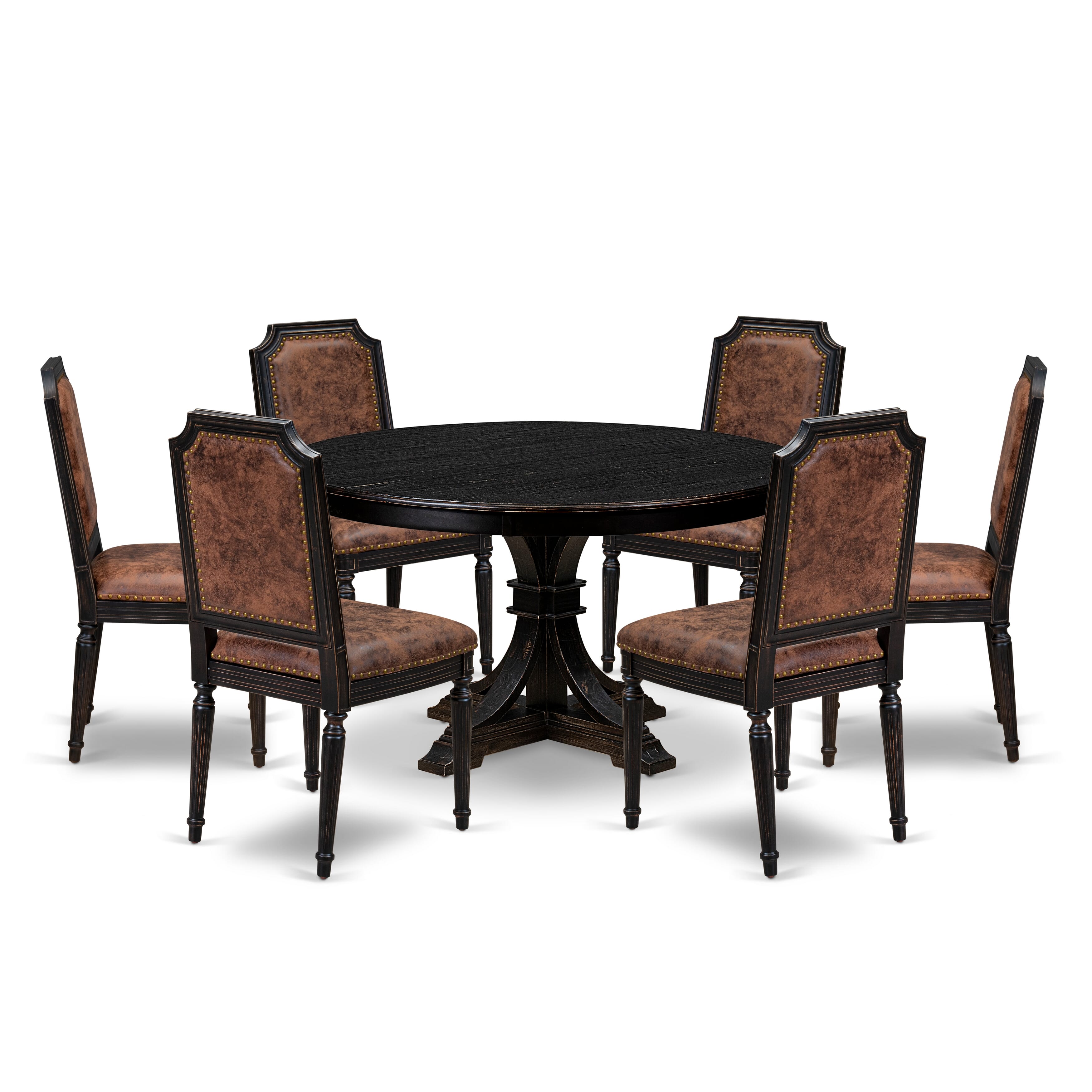 Luxe by East West Furniture - F7TY7-511-33 7-Piece Dining Room Table Set Includes a Round Dinner Table and 6 Brown Textured Polyester Chairs with High Back, Sand Blasting Black Finish.