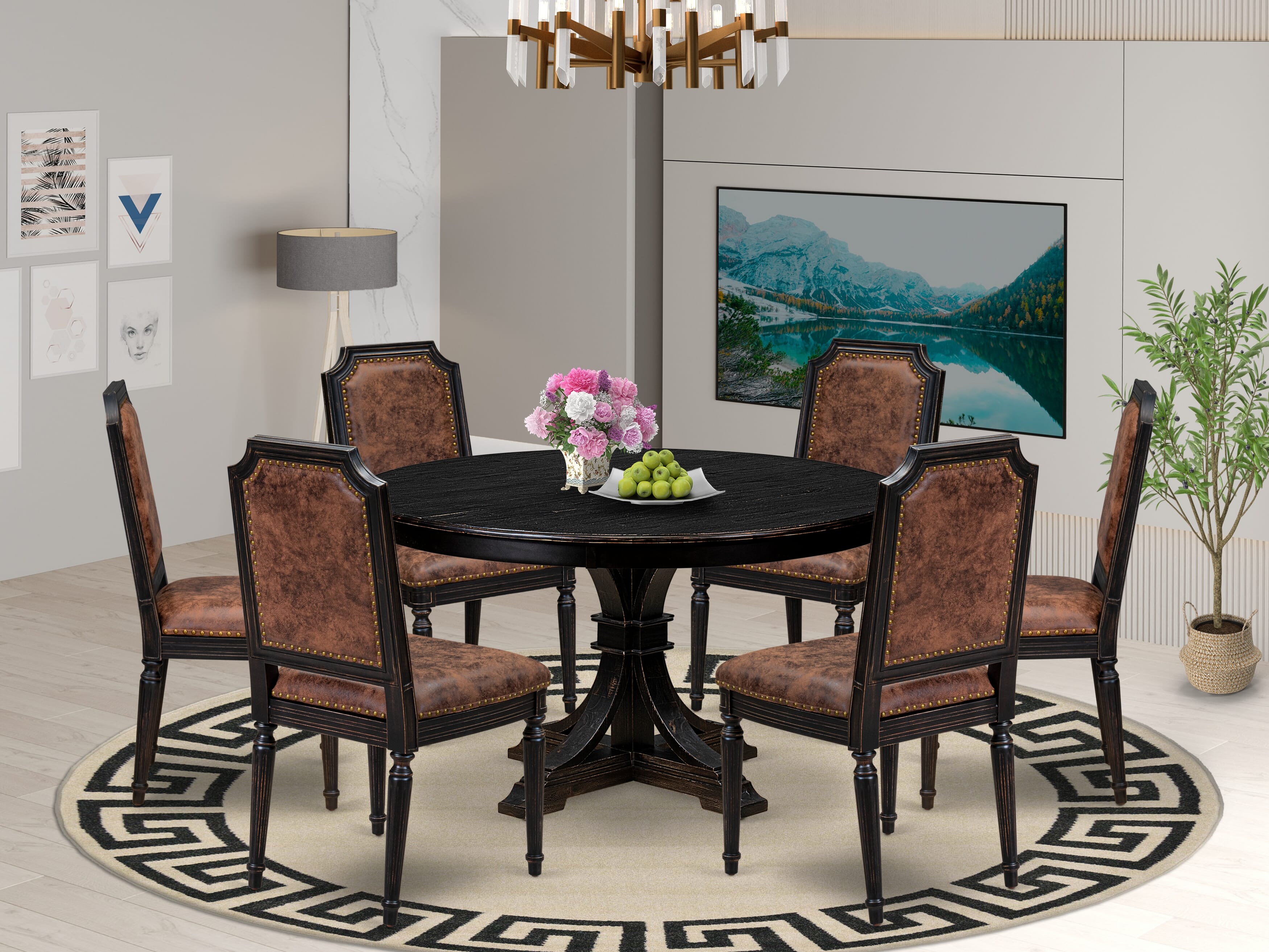 Luxe by East West Furniture - F7TY7-511-33 7-Piece Dining Room Table Set Includes a Round Dinner Table and 6 Brown Textured Polyester Chairs with High Back, Sand Blasting Black Finish.