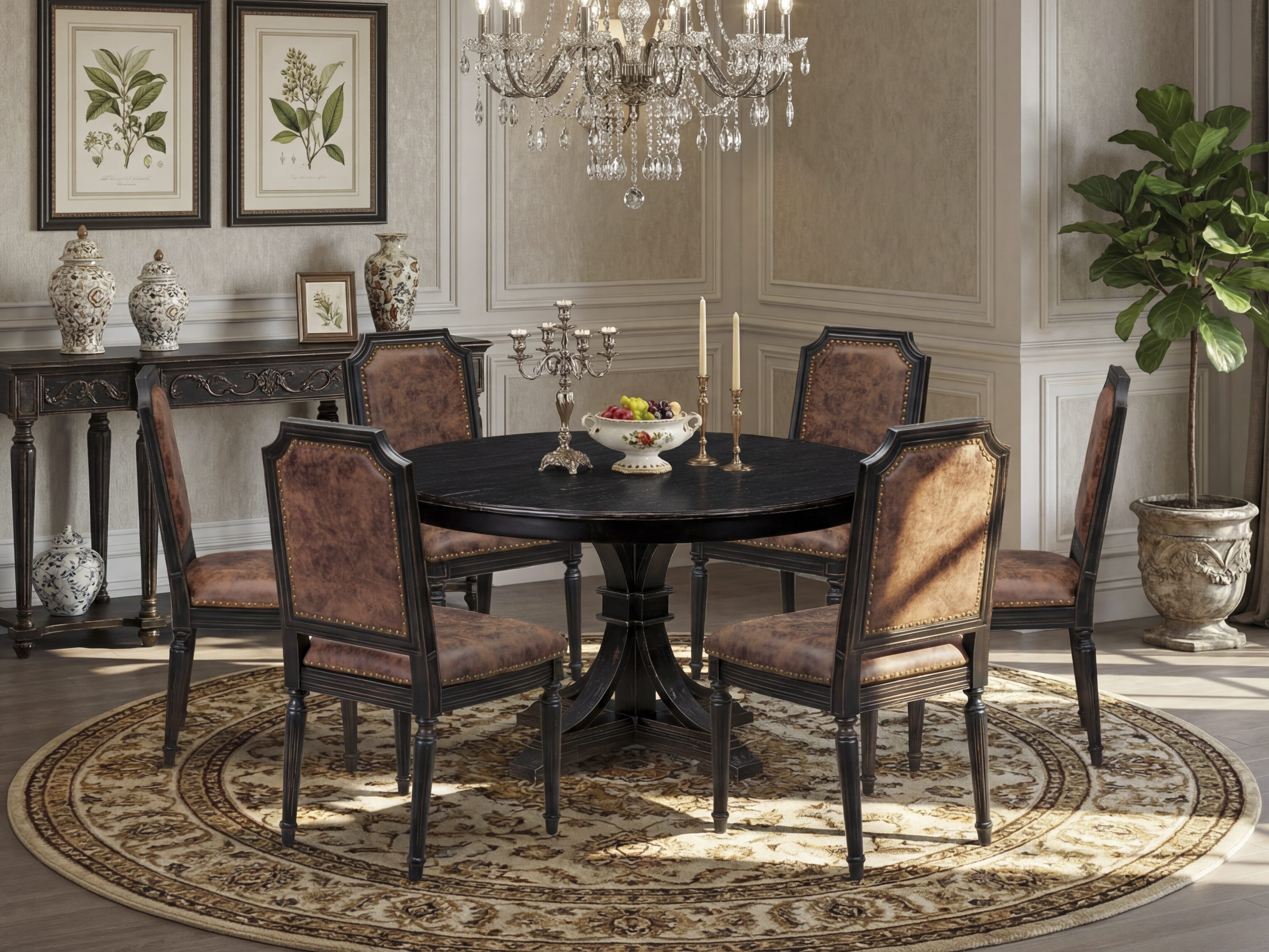 Luxe by East West Furniture - F7TY7-511-33 7-Piece Dining Room Table Set Includes a Round Dinner Table and 6 Brown Textured Polyester Chairs with High Back, Sand Blasting Black Finish.