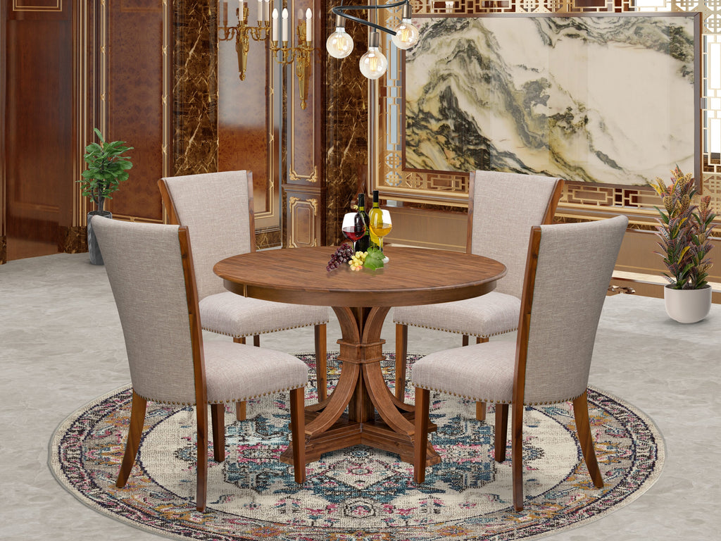 Luxe by East West Furniture F7VE5-40N-04 5 Piece Dining Set for 4 Includes a 48" Round Table with Pedestal and 4 Light Tan Linen Fabric Padded Chairs, Antique Walnut
