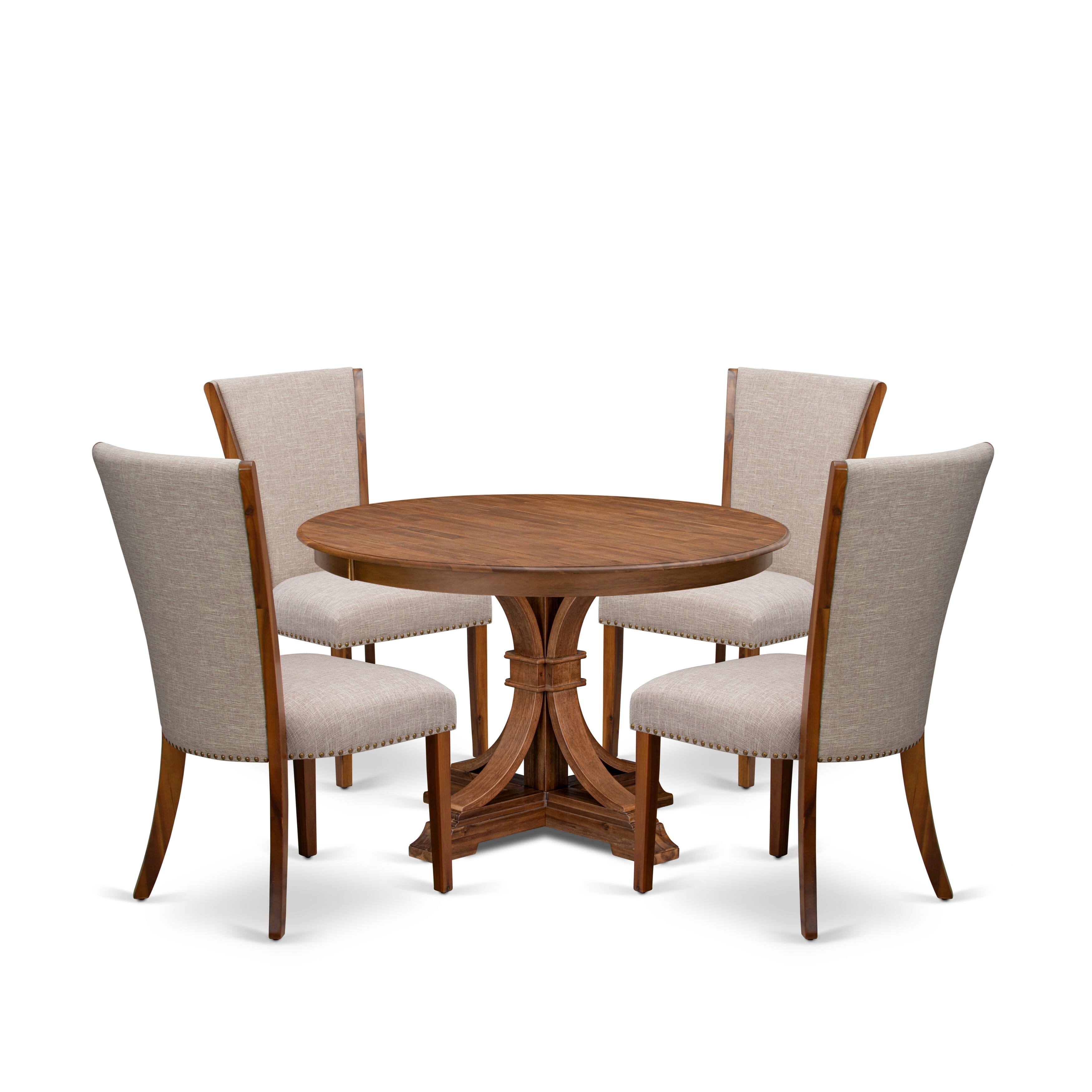 Luxe by East West Furniture F7VE5-40N-04 5 Piece Dining Set for 4 Includes a 48" Round Table with Pedestal and 4 Light Tan Linen Fabric Padded Chairs, Antique Walnut