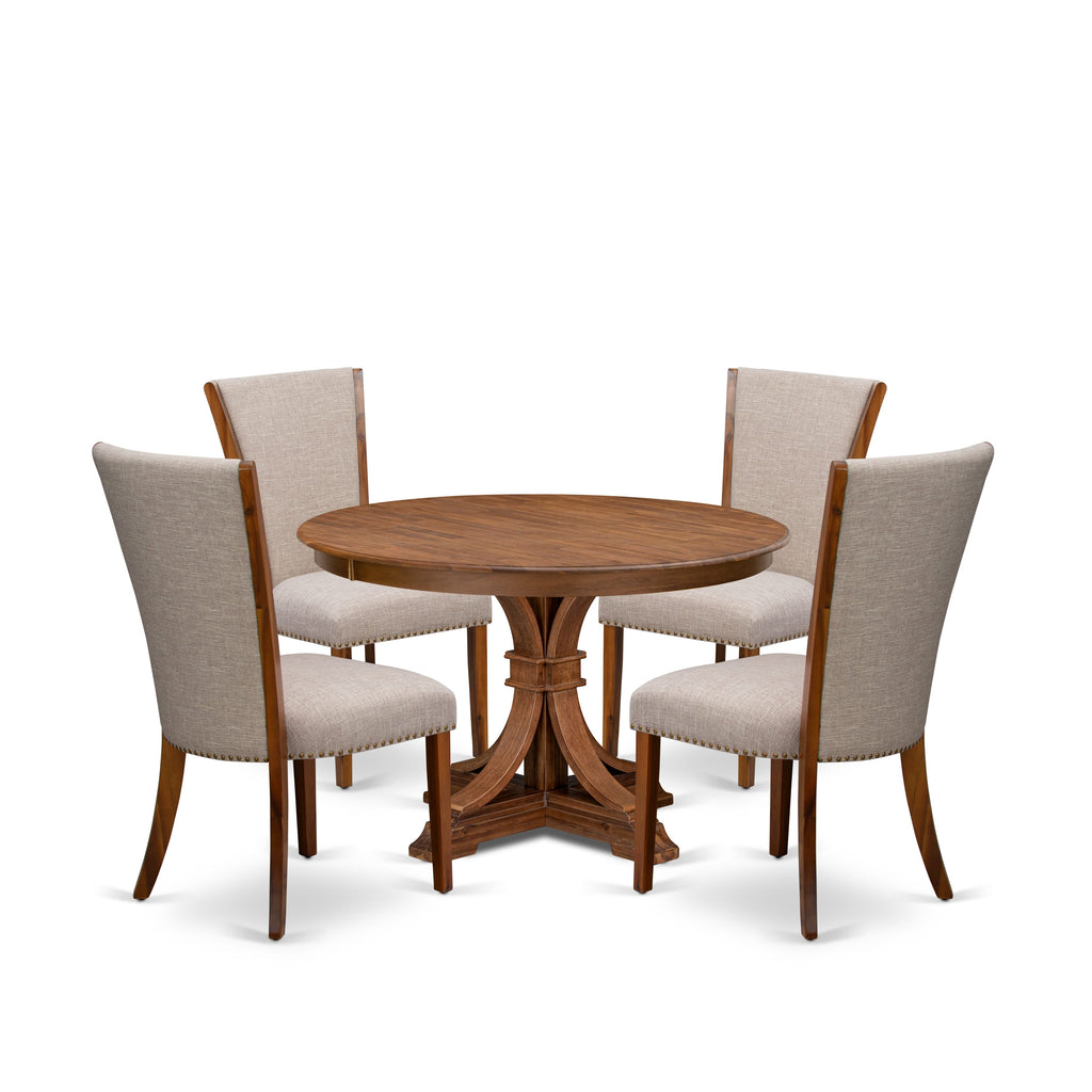 Luxe by East West Furniture F7VE5-40N-04 5 Piece Dining Set for 4 Includes a 48" Round Table with Pedestal and 4 Light Tan Linen Fabric Padded Chairs, Antique Walnut