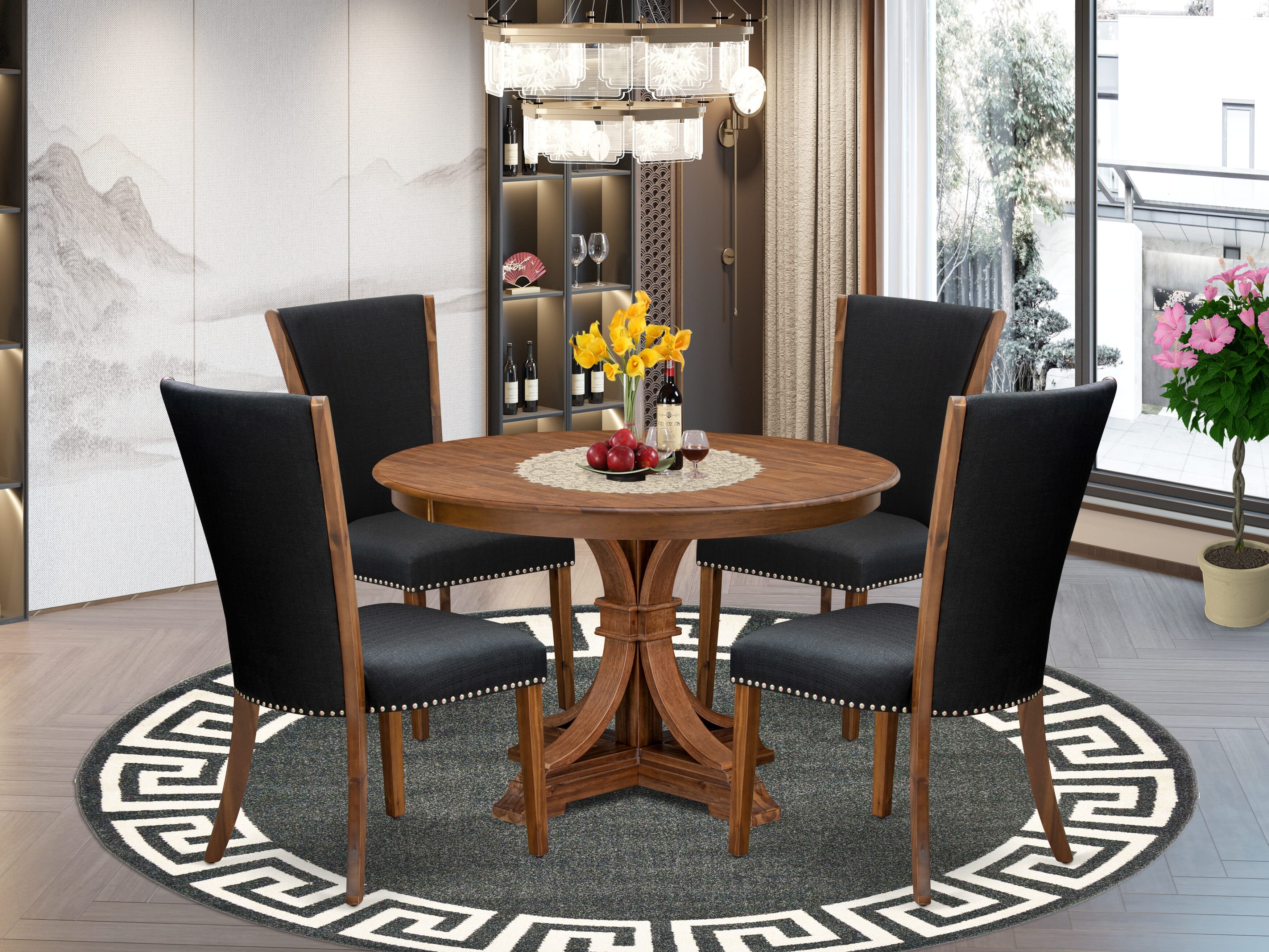 Luxe by East West Furniture F7VE5-40N-24 5 Piece Dining Table Set for 4 Includes a 48" Round Table with Pedestal and 4 Black Linen Fabric Parson Chairs, Antique Walnut