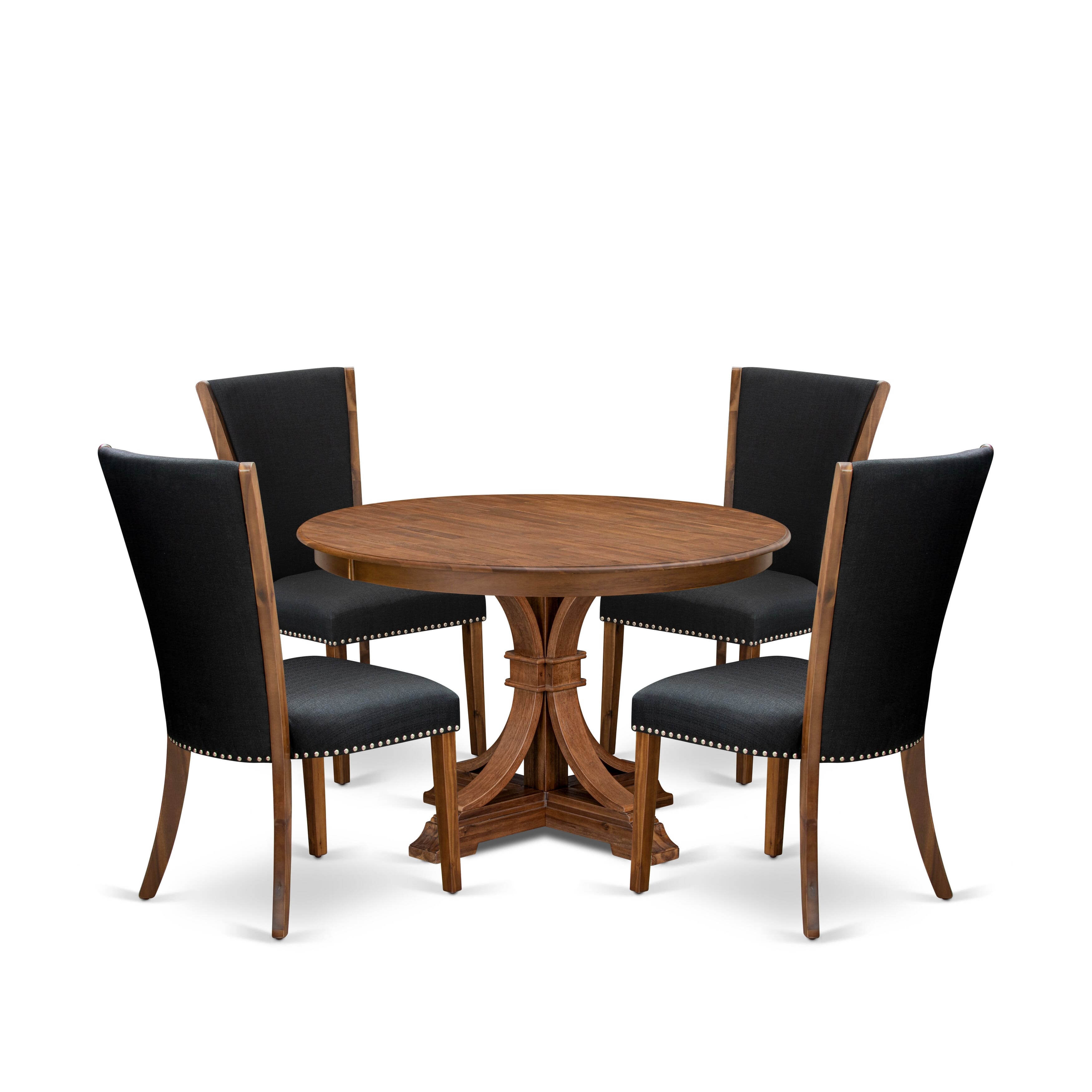 Luxe by East West Furniture F7VE5-40N-24 5 Piece Dining Table Set for 4 Includes a 48" Round Table with Pedestal and 4 Black Linen Fabric Parson Chairs, Antique Walnut