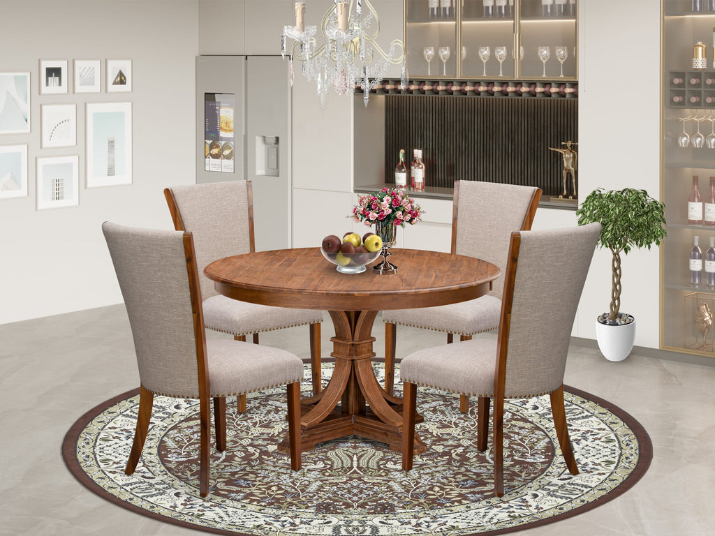 Luxe by East West Furniture F7VE5-50N-04 5 Piece Kitchen Table Set Contains a 54" Round Table with Pedestal and 4 Light Tan Linen Fabric Parson Chairs, Antique Walnut