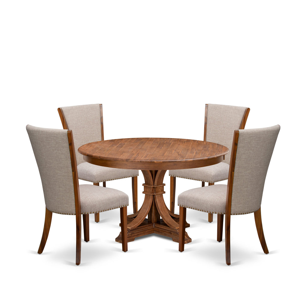 Luxe by East West Furniture F7VE5-50N-04 5 Piece Kitchen Table Set Contains a 54" Round Table with Pedestal and 4 Light Tan Linen Fabric Parson Chairs, Antique Walnut
