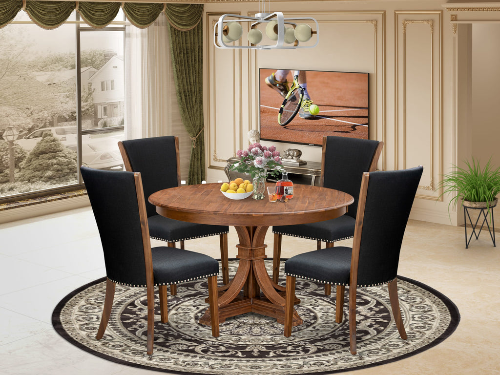 Luxe by East West Furniture F7VE5-50N-24 5 Piece Dinette Set for 4 Consists of a 54" Round Table with Pedestal and 4 Black Linen Fabric Padded Chairs, Antique Walnut