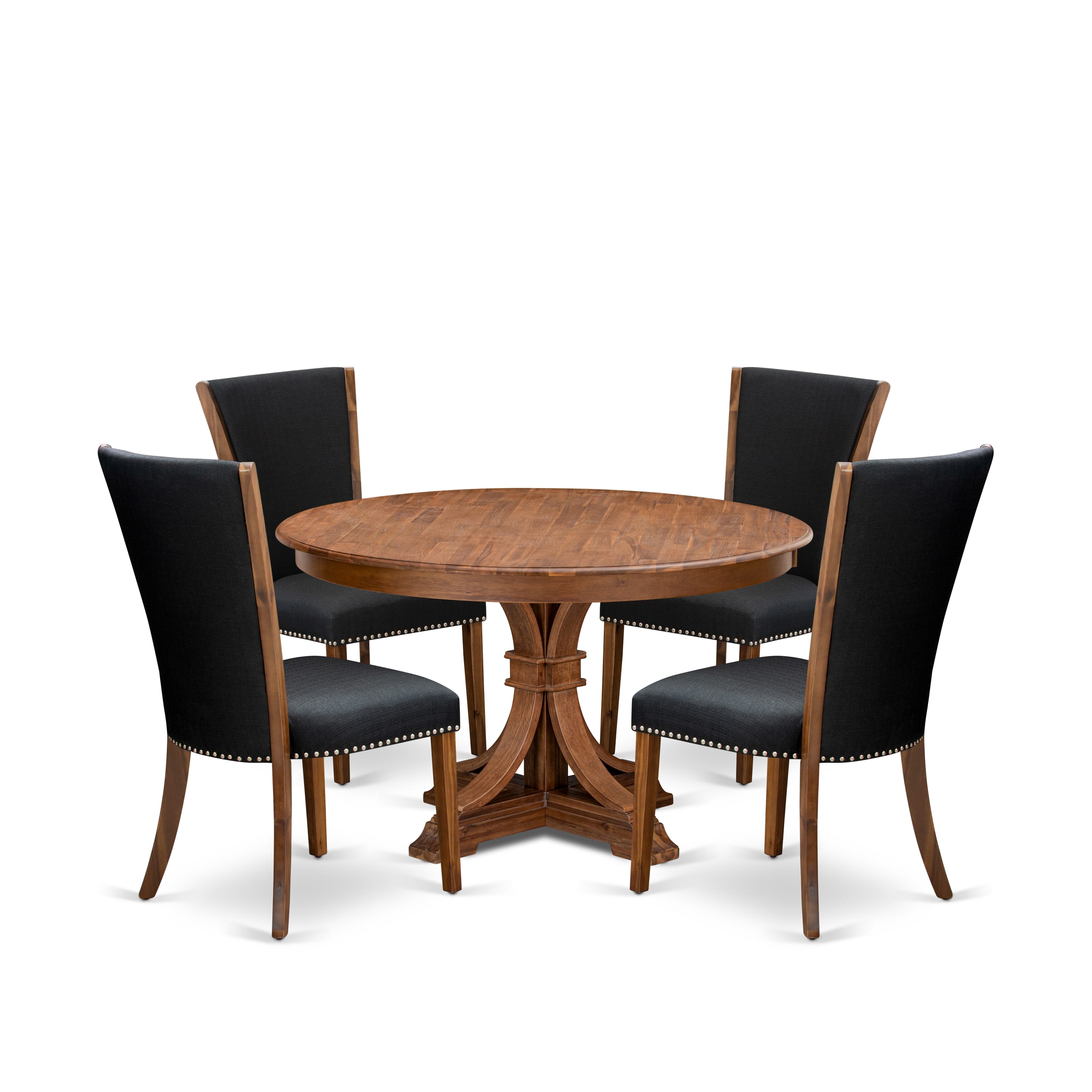 Luxe by East West Furniture F7VE5-50N-24 5 Piece Dinette Set for 4 Consists of a 54" Round Table with Pedestal and 4 Black Linen Fabric Padded Chairs, Antique Walnut