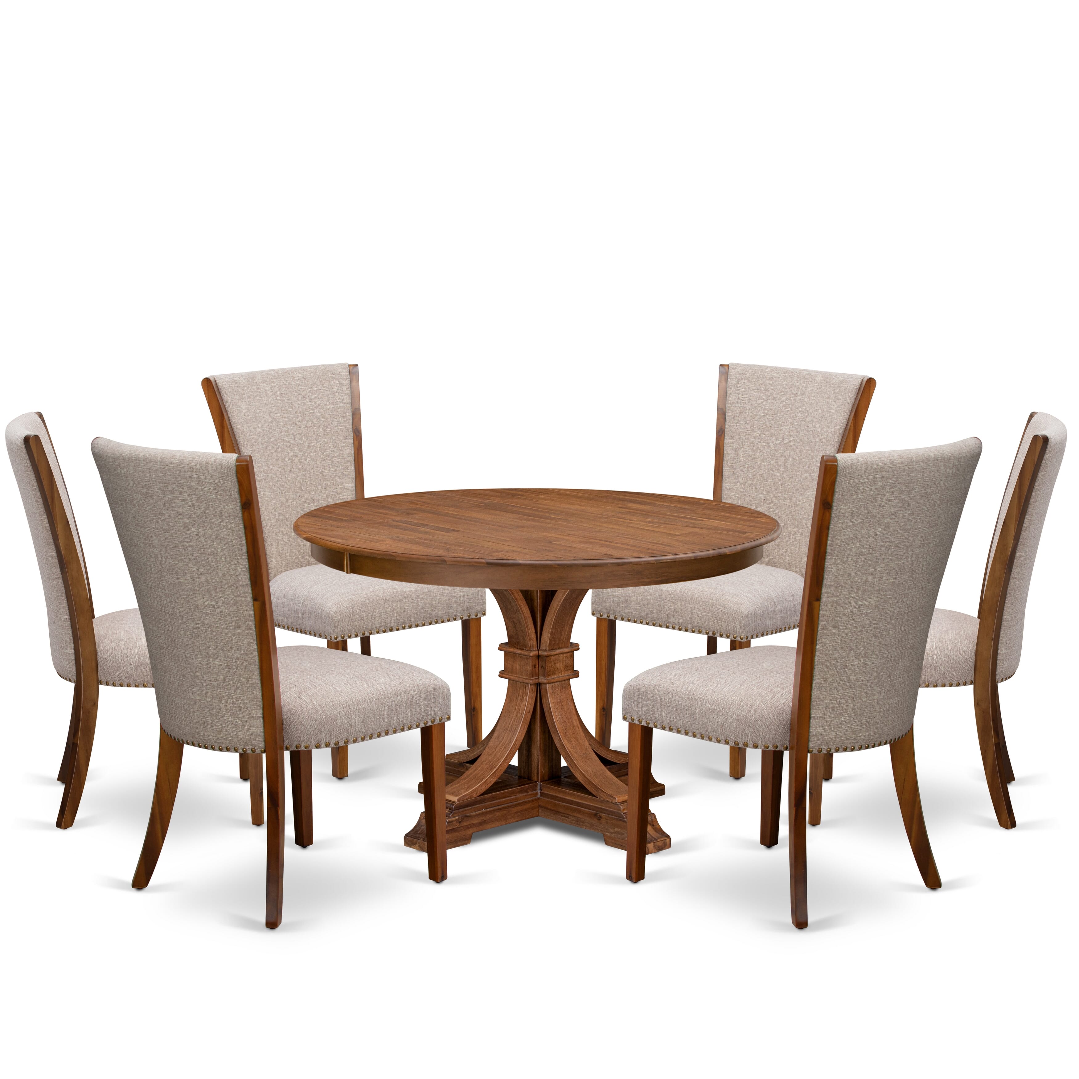 Luxe by East West Furniture F7VE7-40N-04 7 Piece Dinette Set Consists of a 48" Round Dining Table with Pedestal and 6 Light Tan Linen Fabric Parson Chairs, Antique Walnut