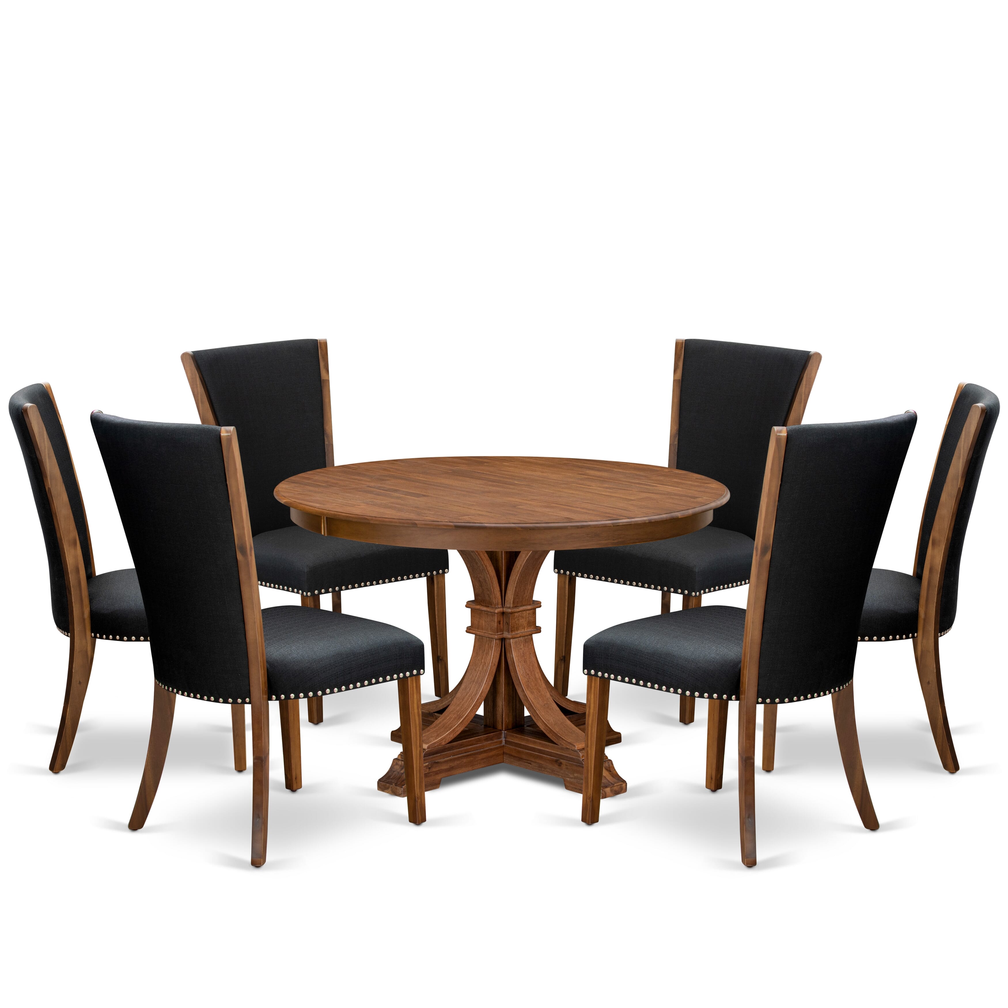Luxe by East West Furniture F7VE7-40N-24 7 Piece Dining Table Set Includes a 48" Round Kitchen Table with Pedestal and 6 Black Linen Fabric Parson Chairs, Antique Walnut