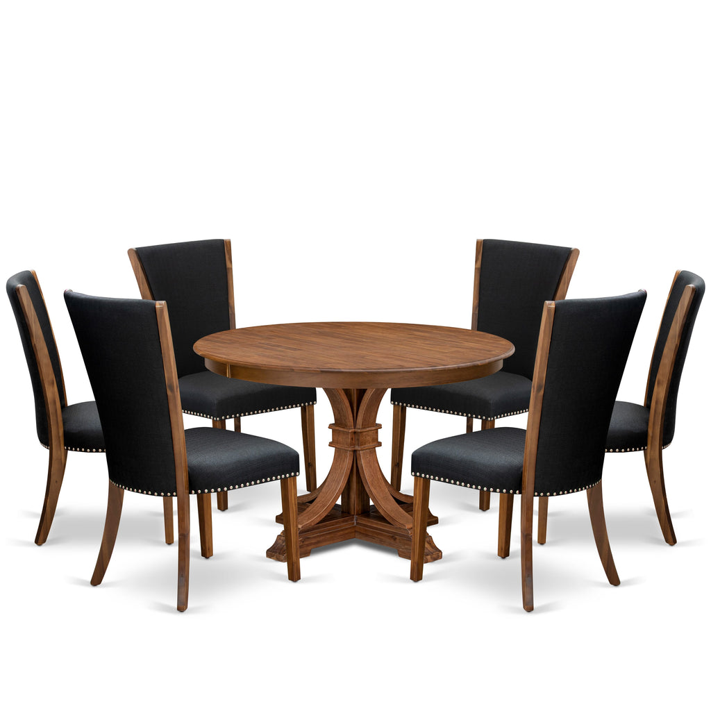 Luxe by East West Furniture F7VE7-40N-24 7 Piece Dining Table Set Includes a 48" Round Kitchen Table with Pedestal and 6 Black Linen Fabric Parson Chairs, Antique Walnut