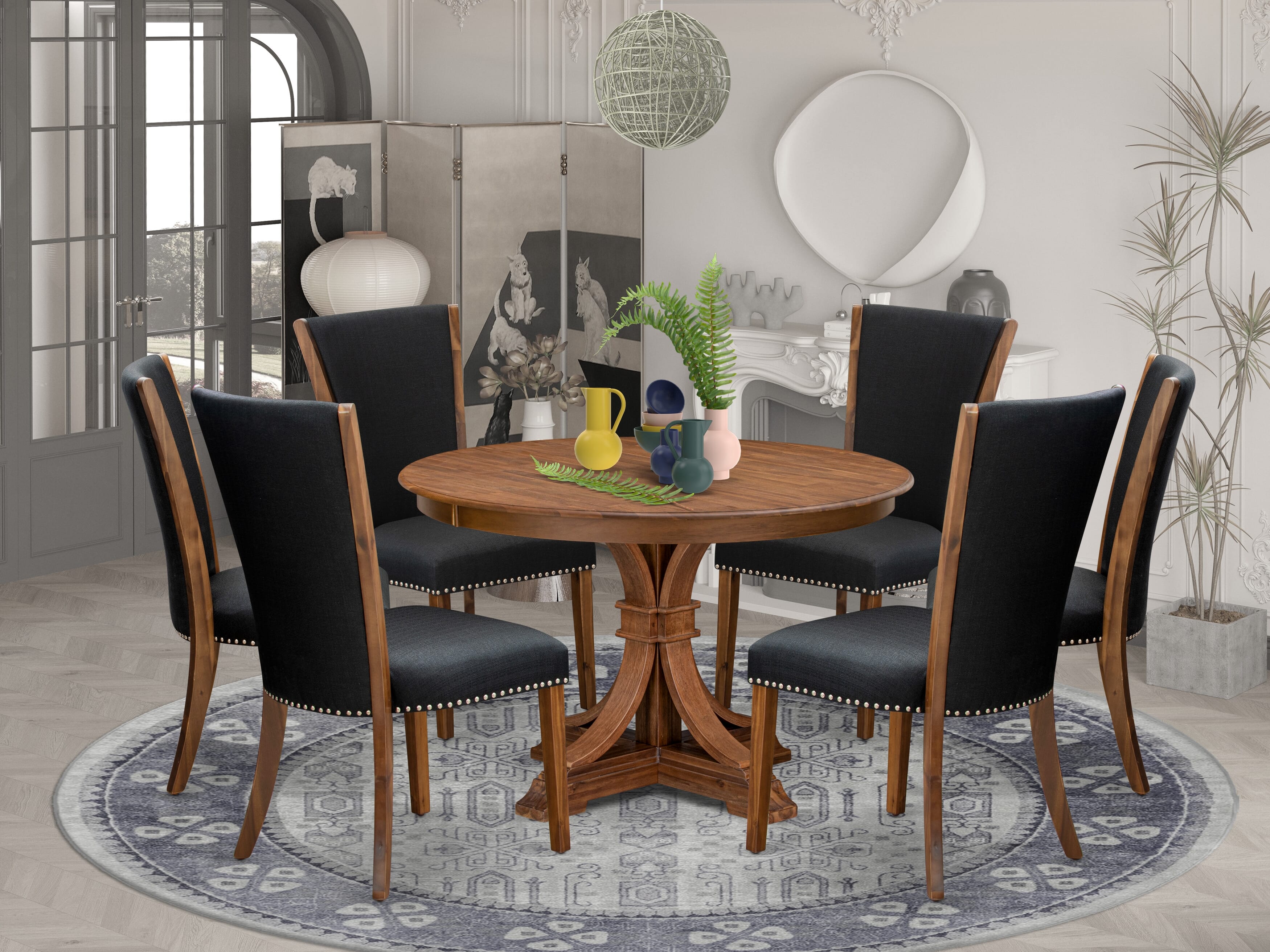 Luxe by East West Furniture F7VE7-40N-24 7 Piece Dining Table Set Includes a 48" Round Kitchen Table with Pedestal and 6 Black Linen Fabric Parson Chairs, Antique Walnut