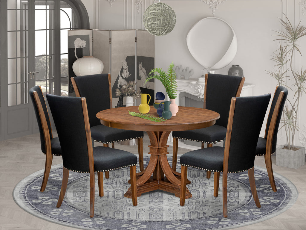 Luxe by East West Furniture F7VE7-40N-24 7 Piece Dining Table Set Includes a 48" Round Kitchen Table with Pedestal and 6 Black Linen Fabric Parson Chairs, Antique Walnut