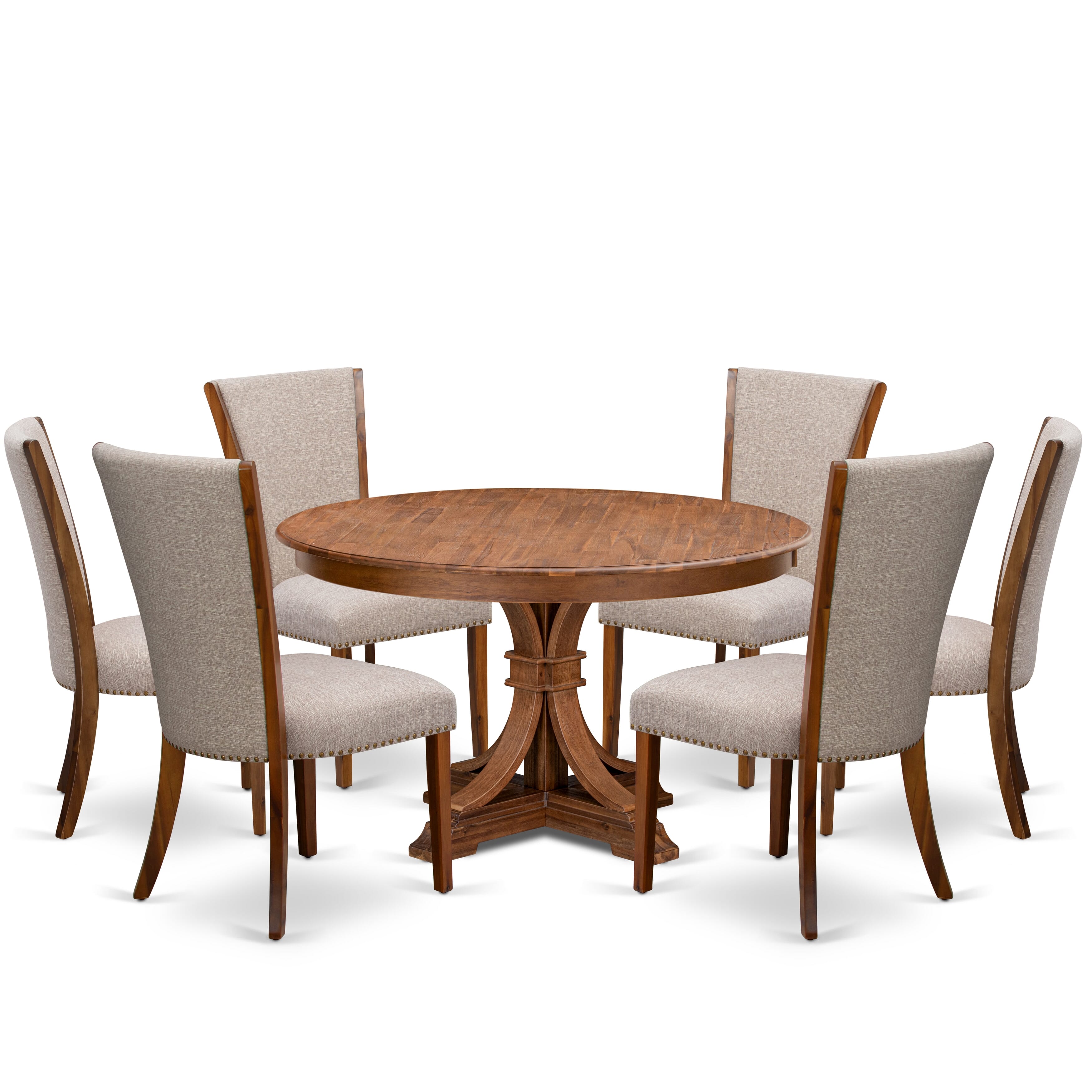 Luxe by East West Furniture F7VE7-50N-04 7 Piece Dining Set for 6 Includes a 54" Round Table with Pedestal and 6 Light Tan Linen Fabric Parson Chairs, Antique Walnut
