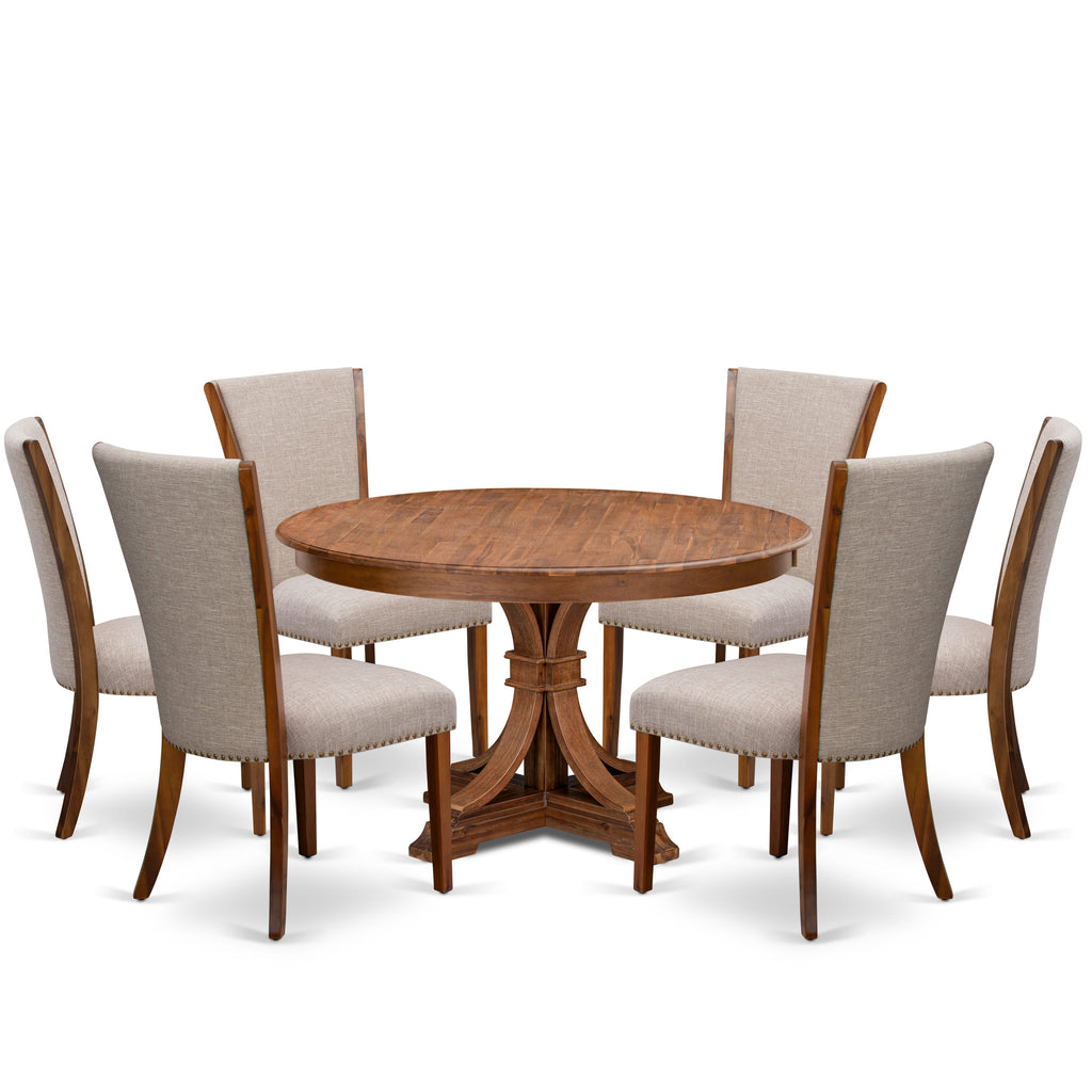 Luxe by East West Furniture F7VE7-50N-04 7 Piece Dining Set for 6 Includes a 54" Round Table with Pedestal and 6 Light Tan Linen Fabric Parson Chairs, Antique Walnut