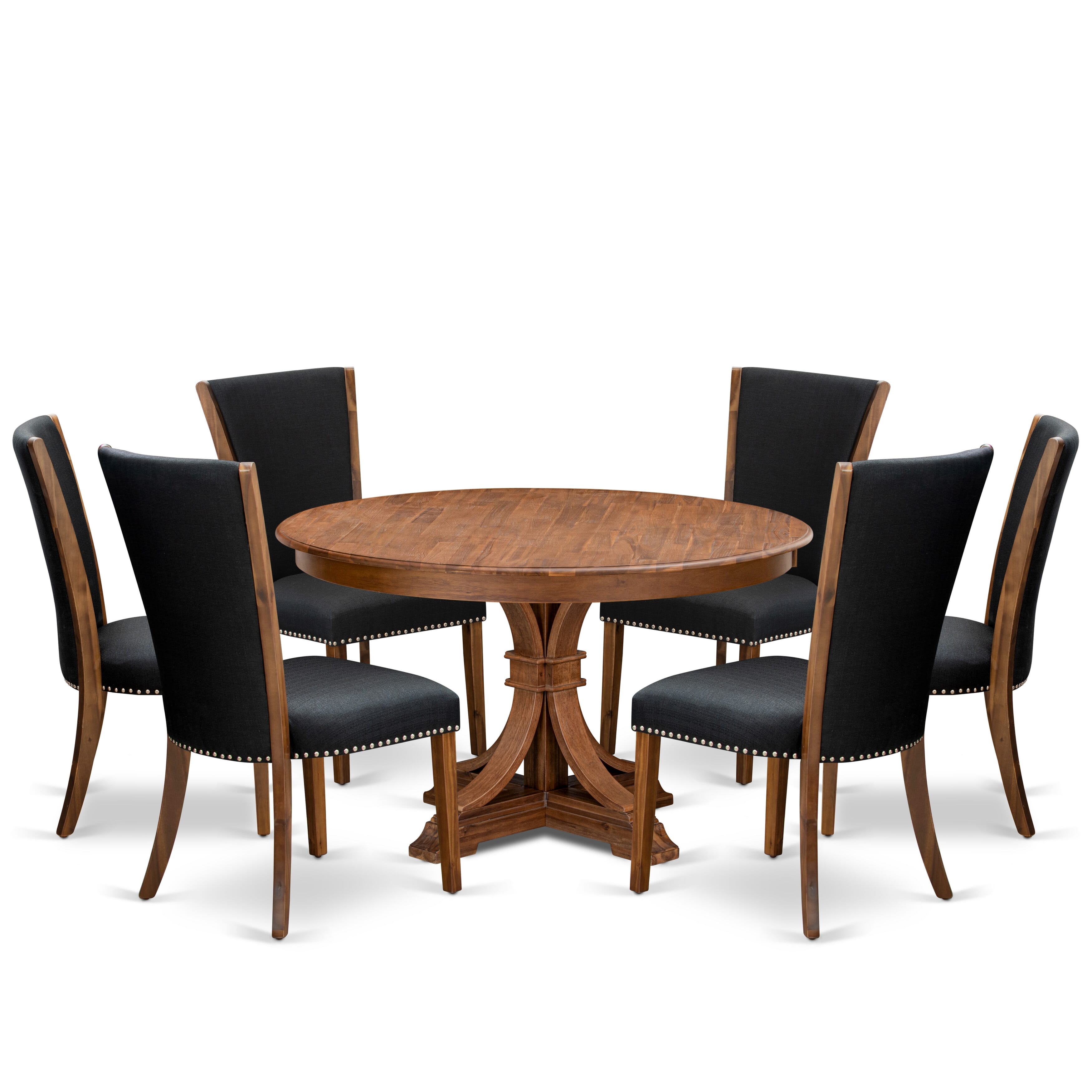Luxe by East West Furniture F7VE7-50N-24 7 Piece Dining Table Set for 6 Contains a 54" Round Table with Pedestal and 6 Black Linen Fabric Parson Chairs, Antique Walnut