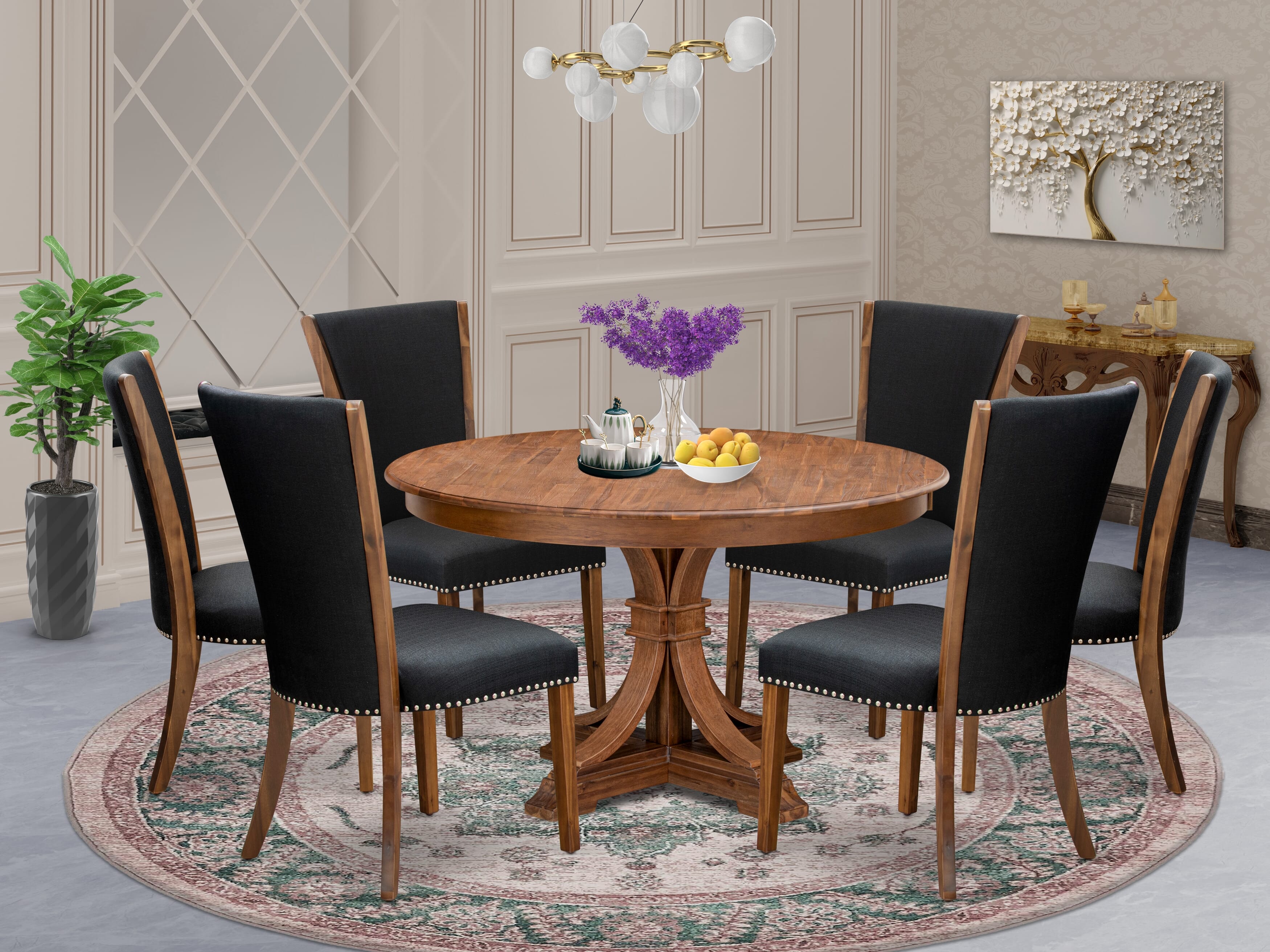 Luxe by East West Furniture F7VE7-50N-24 7 Piece Dining Table Set for 6 Contains a 54" Round Table with Pedestal and 6 Black Linen Fabric Parson Chairs, Antique Walnut