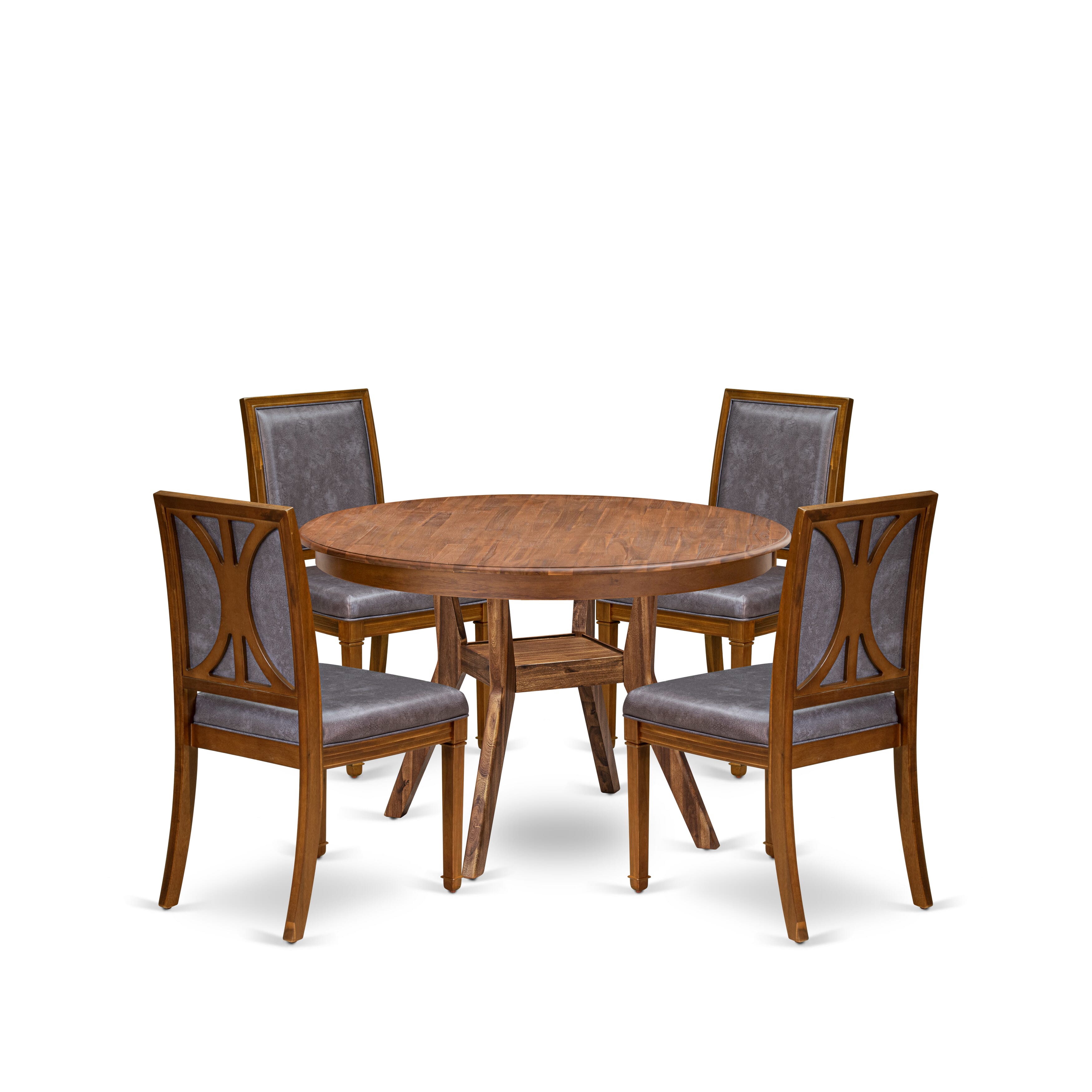 Luxe by East West Furniture F8AM5-40N-34 5-Piece Dining Table Set includes a round table top with a stylish pedestal and 4 Pu leather Dark Gray Kitchen Chairs with high backs - Antique Walnut