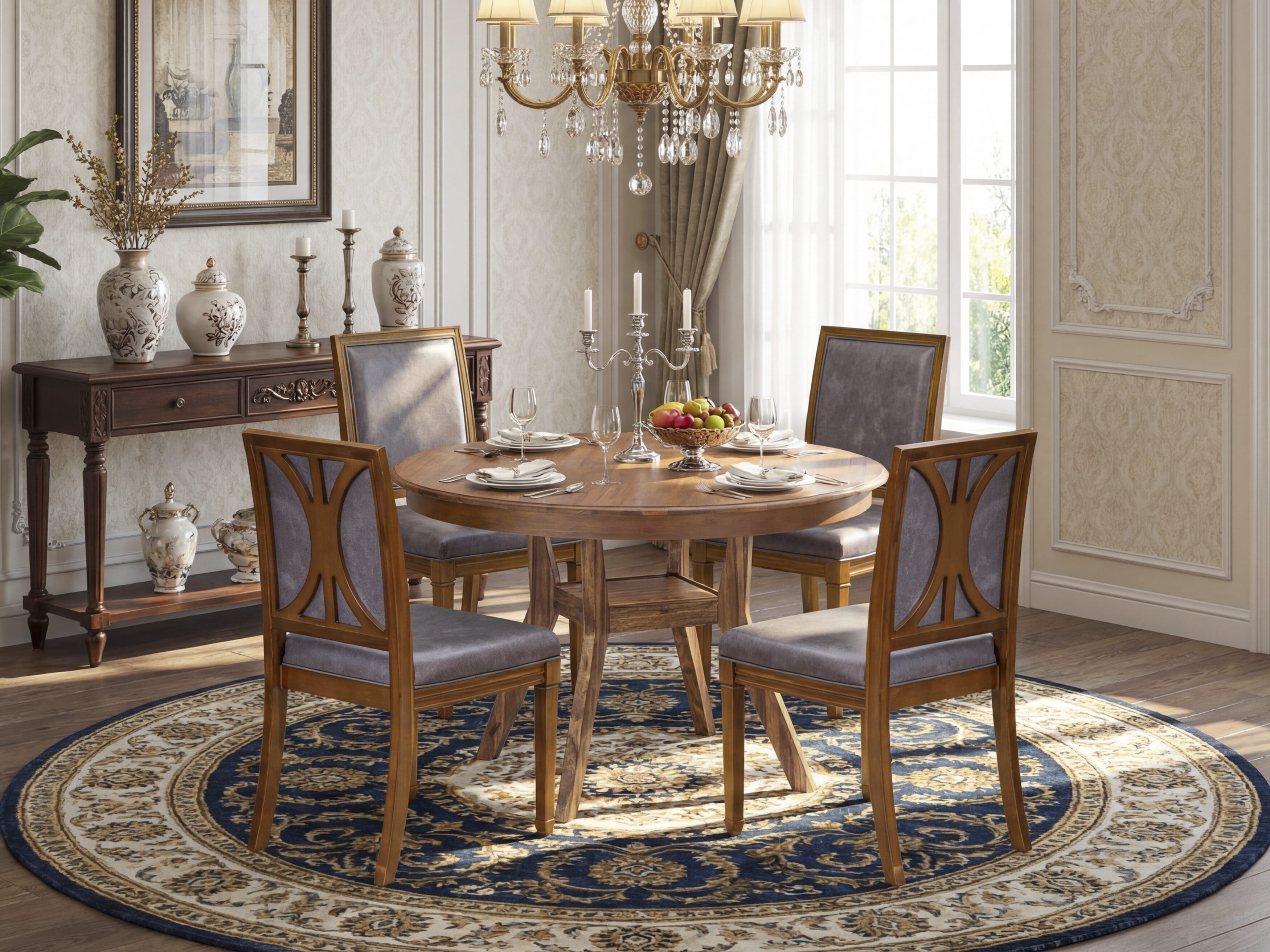 Luxe by East West Furniture F8AM5-40N-34 5-Piece Dining Table Set includes a round table top with a stylish pedestal and 4 Pu leather Dark Gray Kitchen Chairs with high backs - Antique Walnut