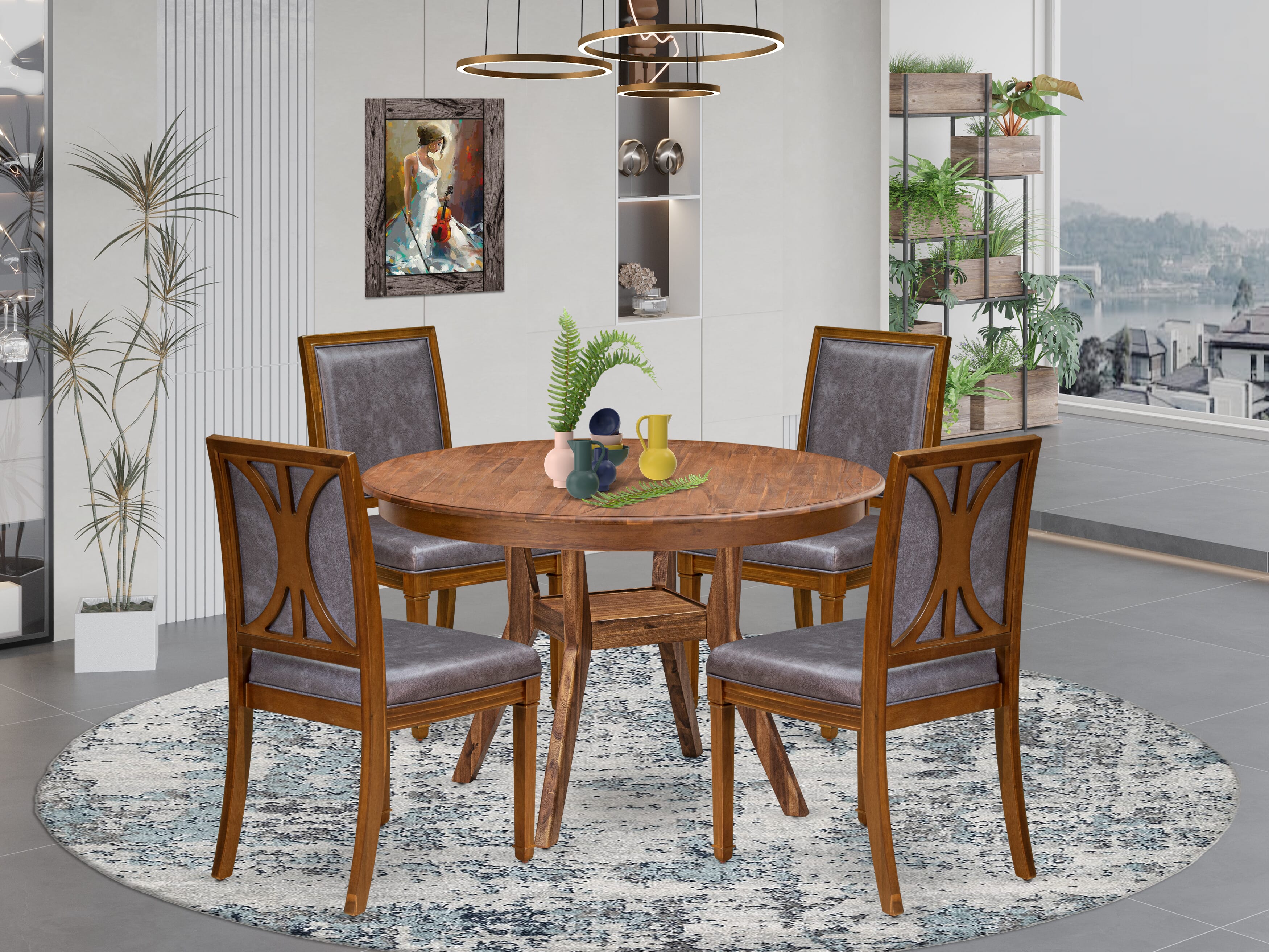 Luxe by East West Furniture F8AM5-40N-34 5-Piece Dining Table Set includes a round table top with a stylish pedestal and 4 Pu leather Dark Gray Kitchen Chairs with high backs - Antique Walnut