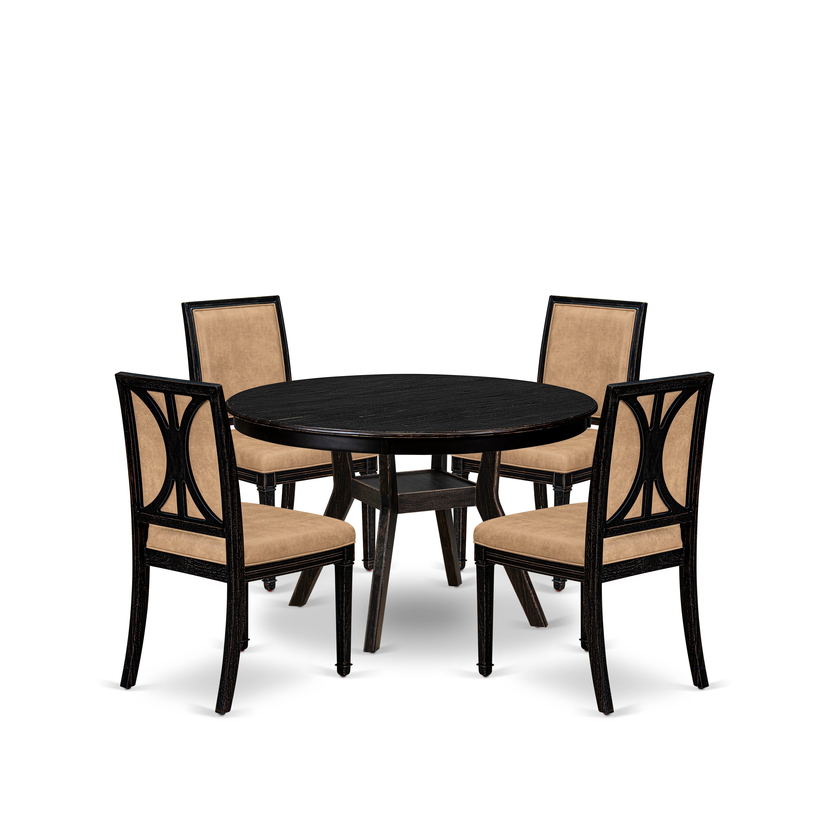Luxe by East West Furniture - F8AM5-411-28 5-Piece Dining Table Set Consists of a Round Dining Table and 4 Brown Textured Polyester Chairs with High Back, Sand Blasting Black Finish.