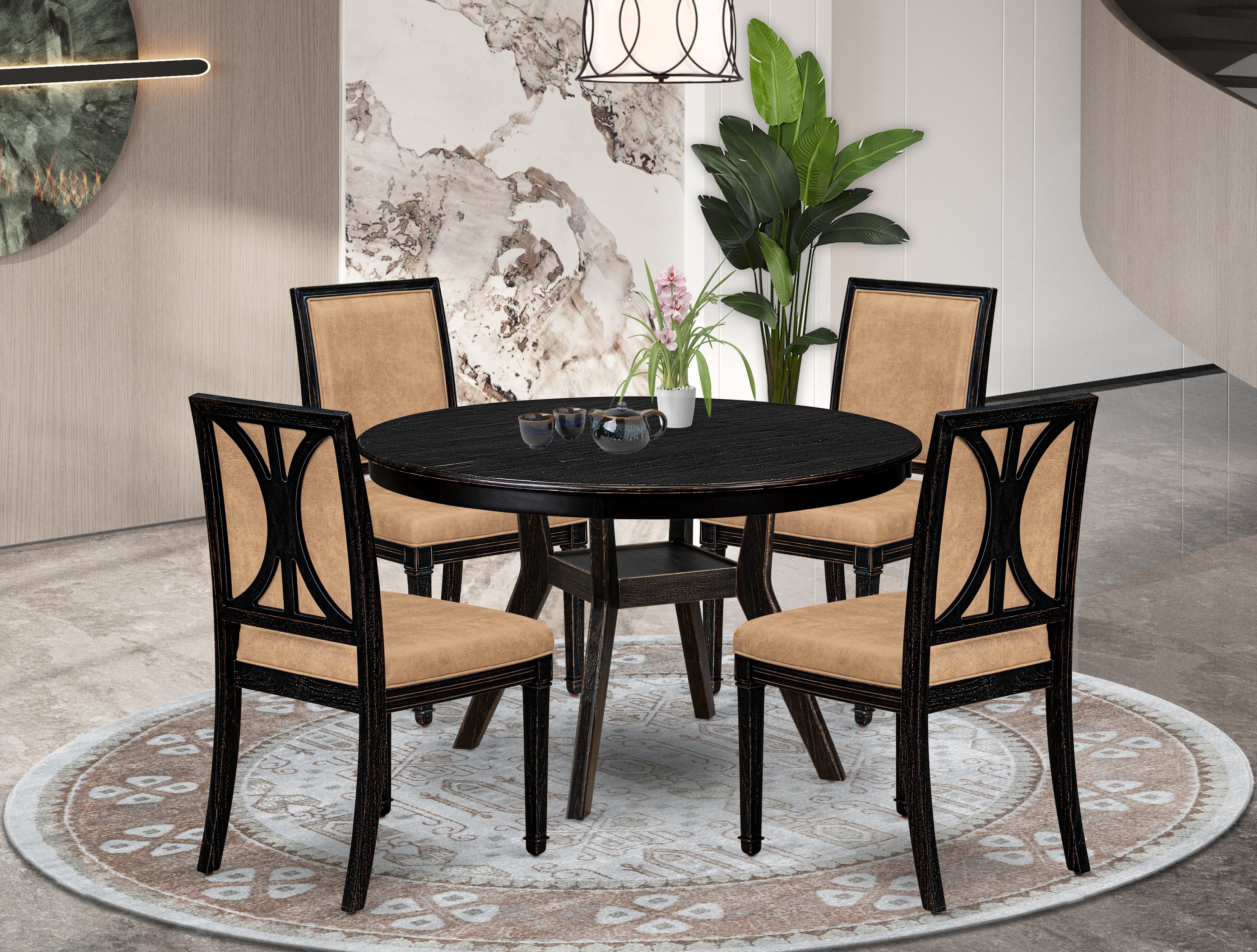 Luxe by East West Furniture - F8AM5-411-28 5-Piece Dining Table Set Consists of a Round Dining Table and 4 Brown Textured Polyester Chairs with High Back, Sand Blasting Black Finish.