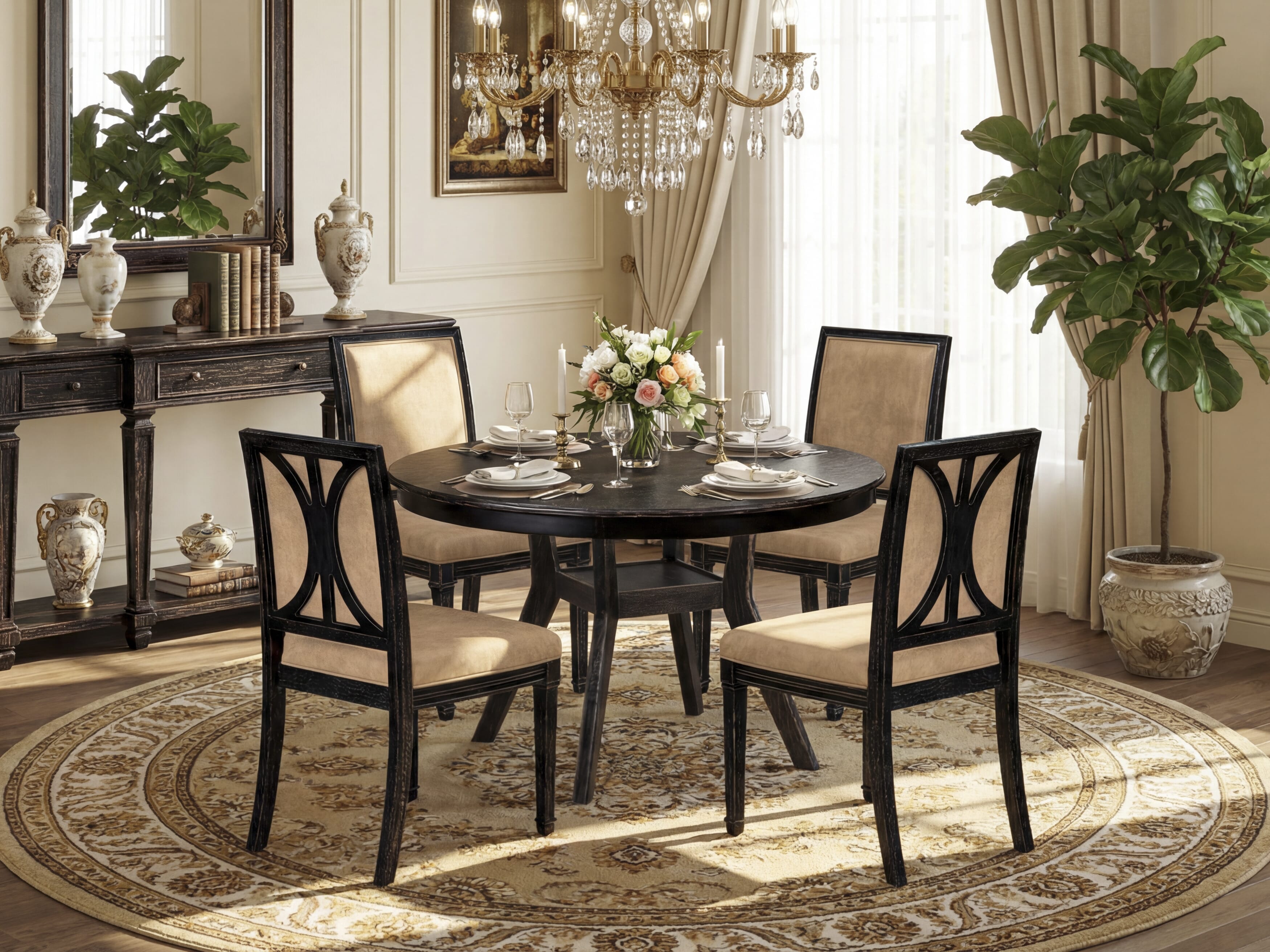 Luxe by East West Furniture - F8AM5-411-28 5-Piece Dining Table Set Consists of a Round Dining Table and 4 Brown Textured Polyester Chairs with High Back, Sand Blasting Black Finish.