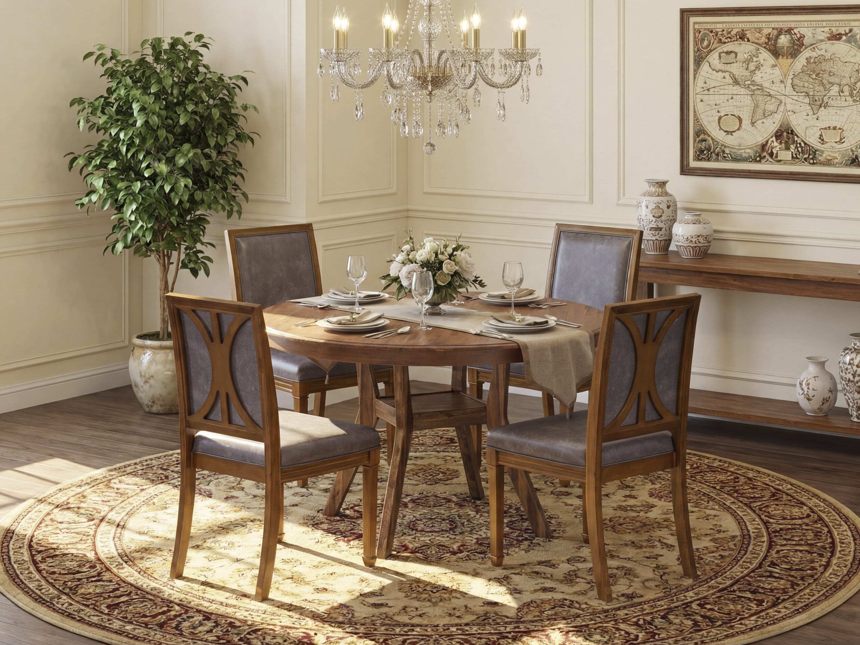 Luxe by East West Furniture - F8AM5-50N-34 5-Piece Kitchen Table Set Contains a Round Kitchen Table and 4 Beige Polyester Chairs with High Back, Antique Walnut Finish.
